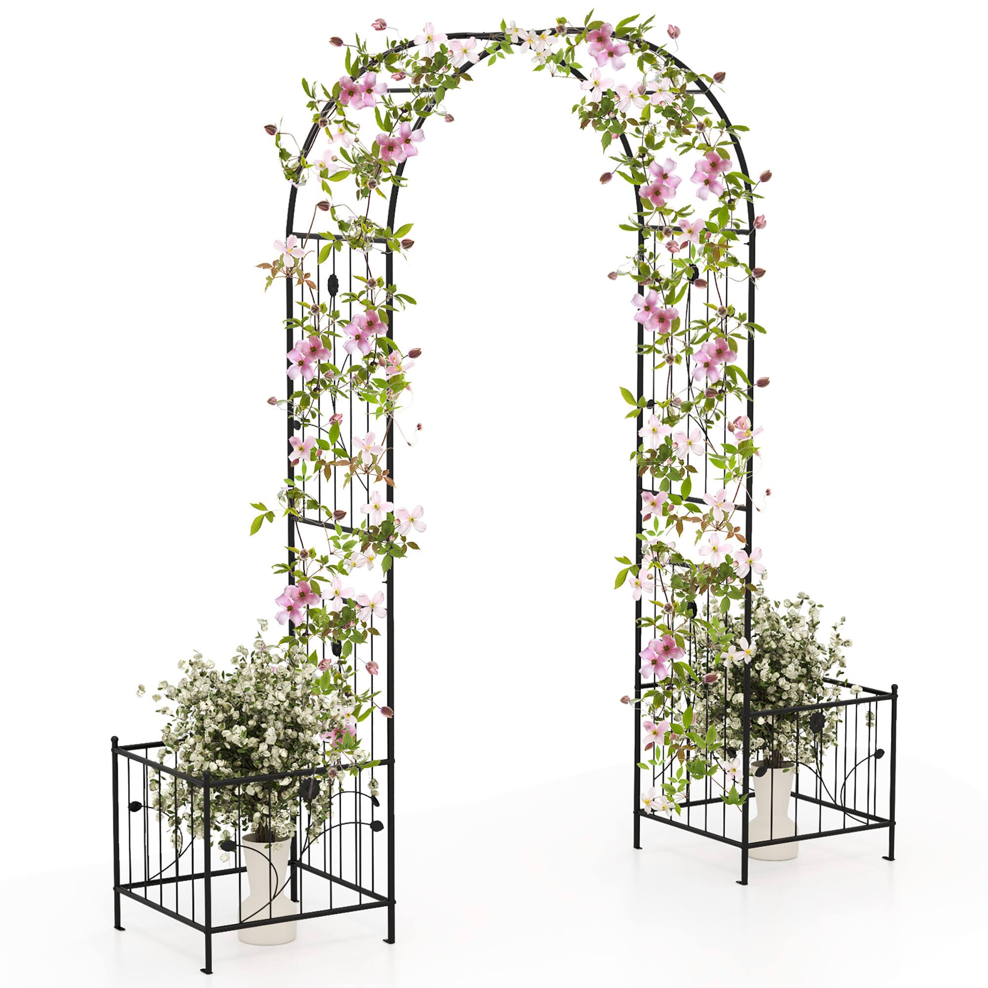 Alt View 9. Gymax - Gymax 86'' Arch Trellis for Climbing Plants w/ Planter Boxes Roses Vines for Wedding - Black.
