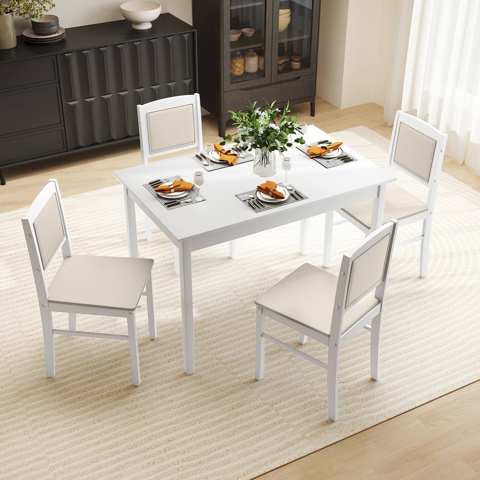 Alt View 1. Costway - Costway 5 PCS Dining Table Set for 4 with Rubber Wood Legs Upholstered Seat Padded Backrest - Beige.