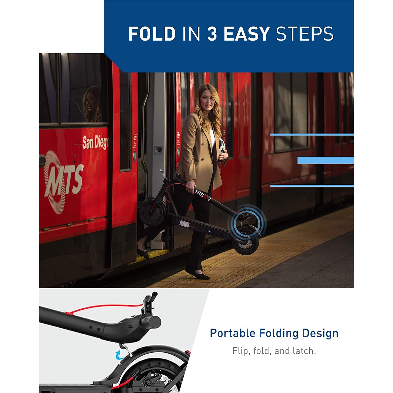 Fold in 3 easy steps: San Diego MTS Strata. Portable folding design: Flip, fold, and latch.