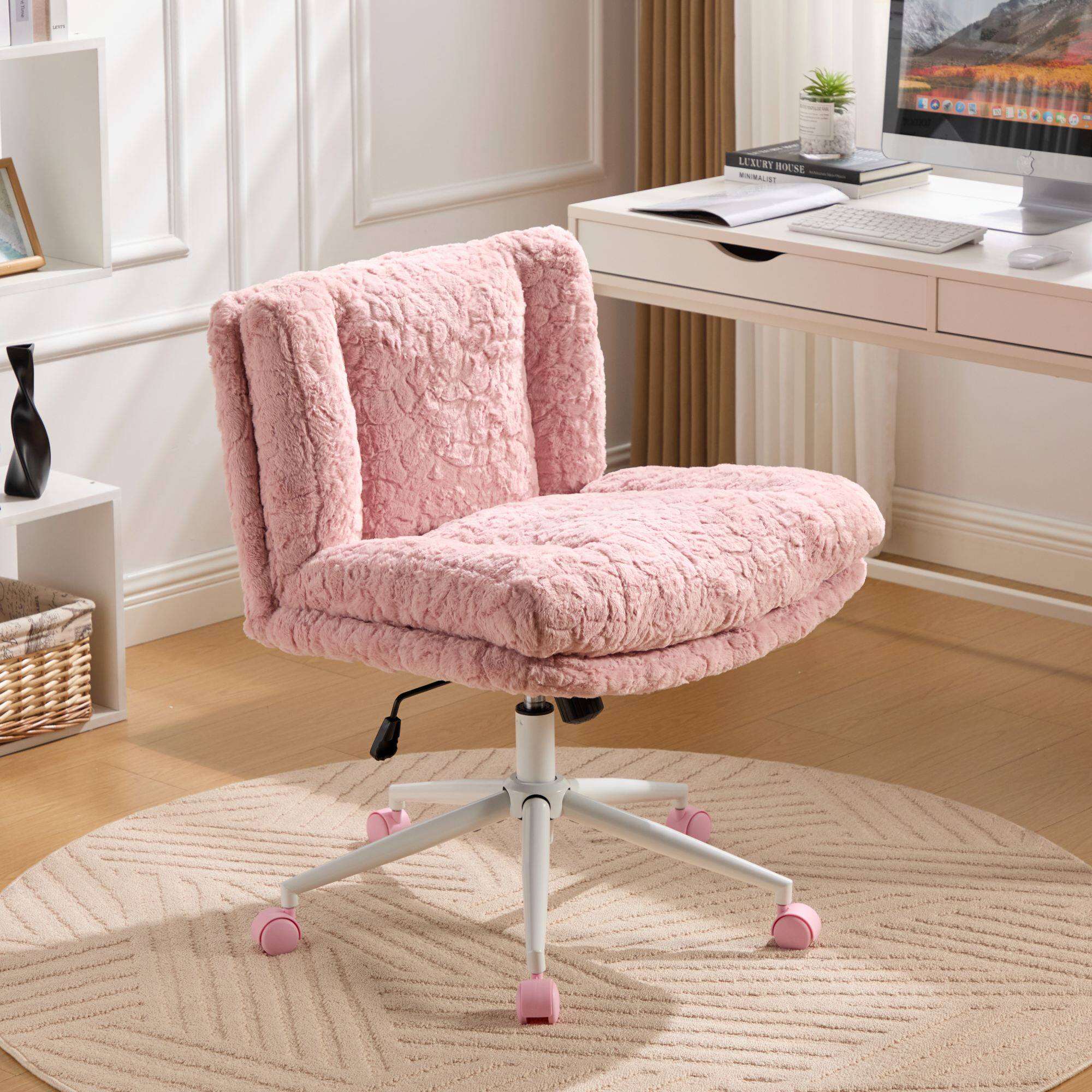 GOODSILO - Extra Wide Plush Faux Fur Office Chair with Adjustable Height and 360-Degree Swivel for Home Workspace - Pink