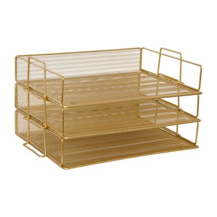 Front. Martha Stewart - Ryder Steel Mesh 3 Tier Stackable Desktop Organizer - Gold.