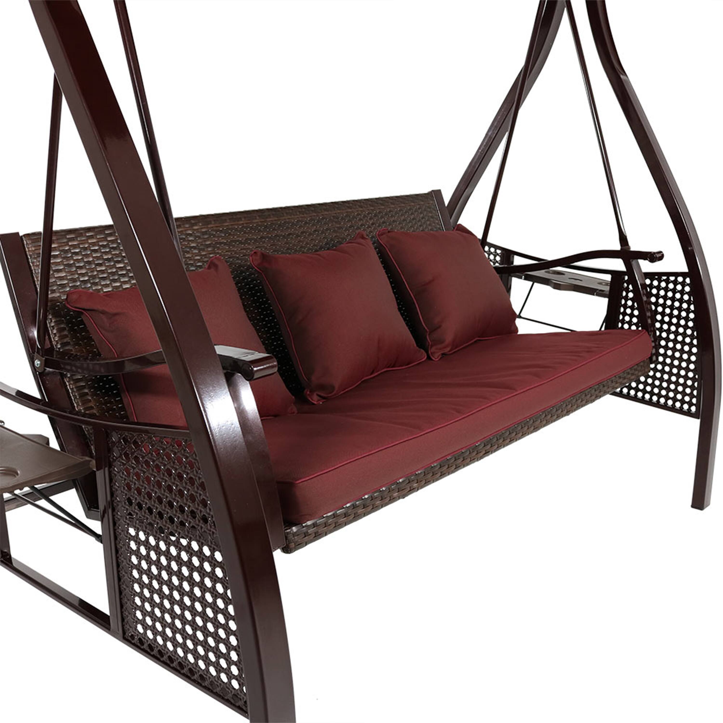 Alt View 7. Sunnydaze - 3-Person Steel Patio Swing Bench with Side Tables/Canopy - Maroon/Brown Frame.