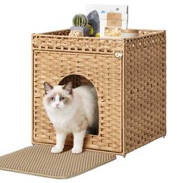 Songmics Home - Cat Litter Box Enclosure, Handwoven Rattan Hidden Litter Box Furniture with Extra Mat, Removable Washable Tray - Goose Yellow