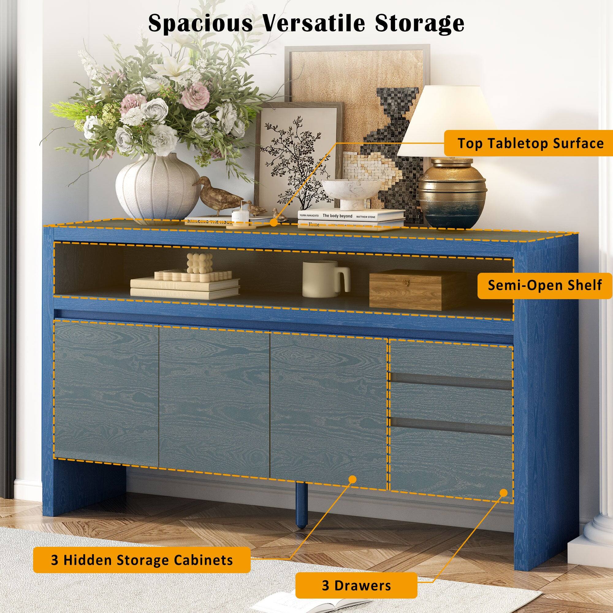 Spacious Versatile Storage

- Top Tabletop Surface
- Semi-Open Shelf
- 3 Hidden Storage Cabinets
- 3 Drawers