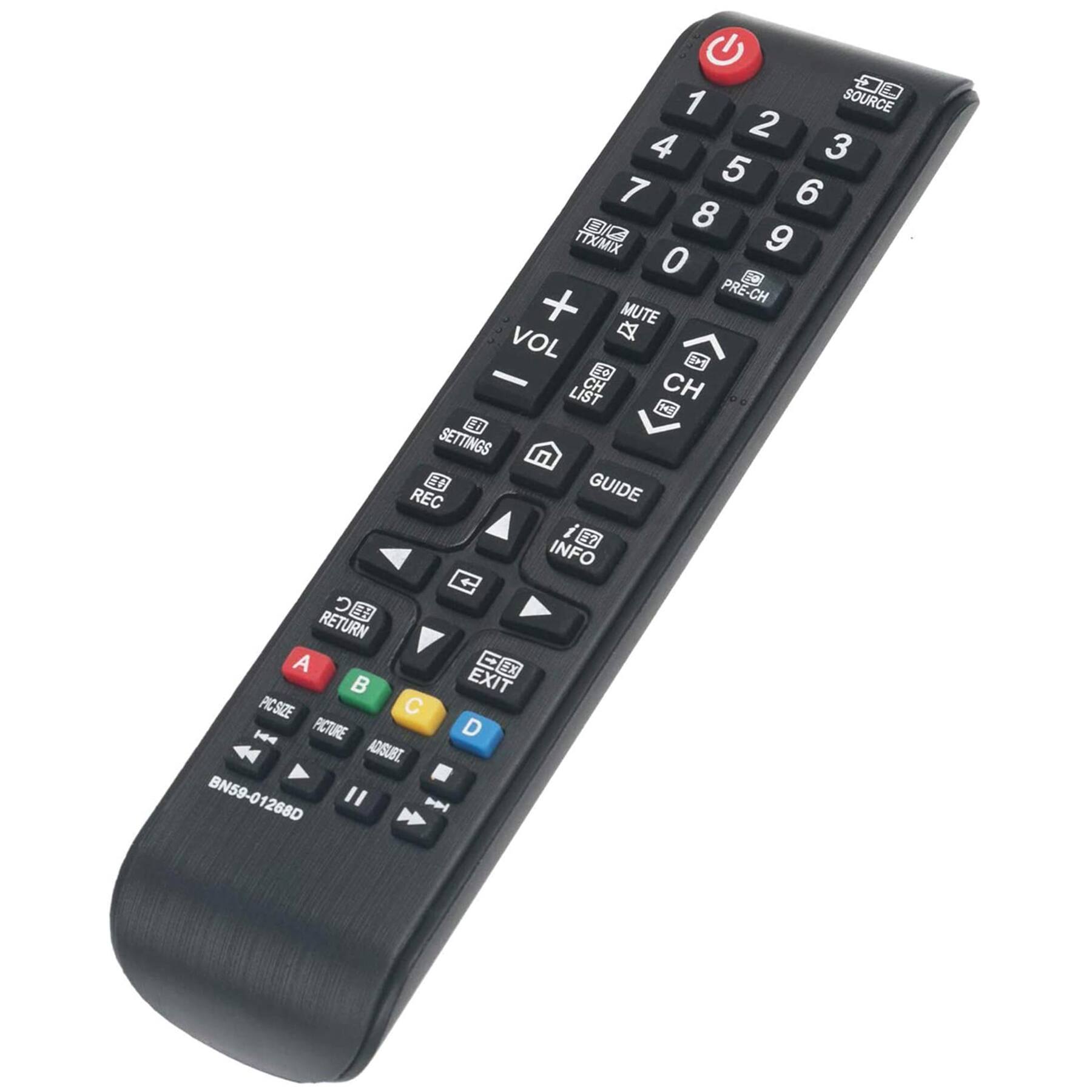 1 SOURCE 2 3 4 5 6 7 8 9 0 PRE-CH MUTE VOL + - CH LIST CH GUIDE REC INFO RETURN EXIT PICSIZE A B C D BN59-01268D