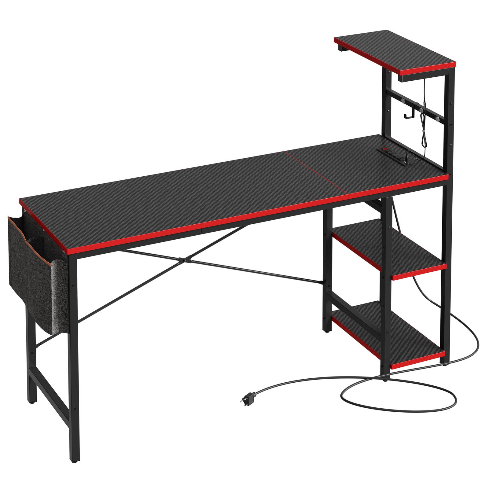 Alt View 3. Bestier - 61inch Gaming Desk with LED Lights Storage Shelves File Pockets & Hooks Spacious RGB Gaming Table - Black Carbon Fiber with Charging Station.