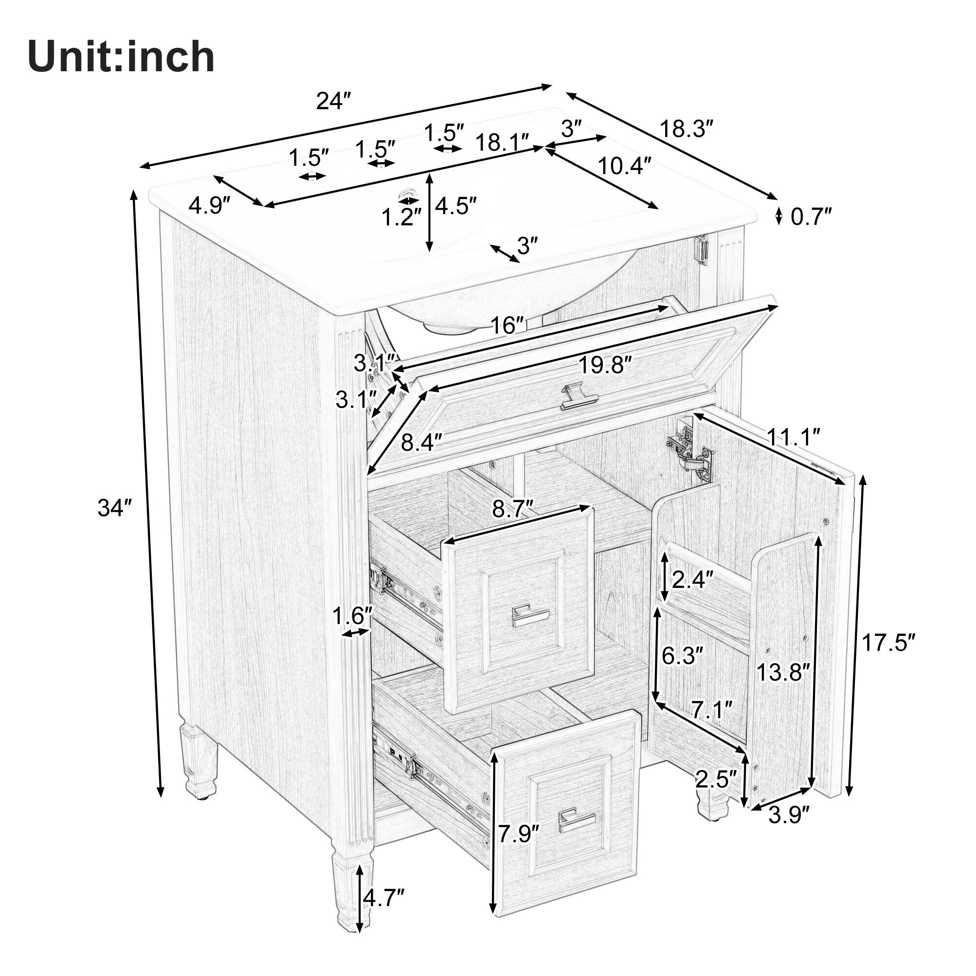 Unit: inch  
4.9"  
24"  
1.5"  
1.5"  
18.1"  
1.5"  
4.5"  
1.2"  
3"  
3"  
18.3"  
10.4"  
0.7"  
3.1"  
3.1"  
8.4"  
16"  
19.8"  
11.1"  
34"  
8.7"  
1.6"  
2.4"  
6.3"  
13.8"  
7.1"  
17.5"  
7.9"  
2.5"  
3.9"  
4.7"