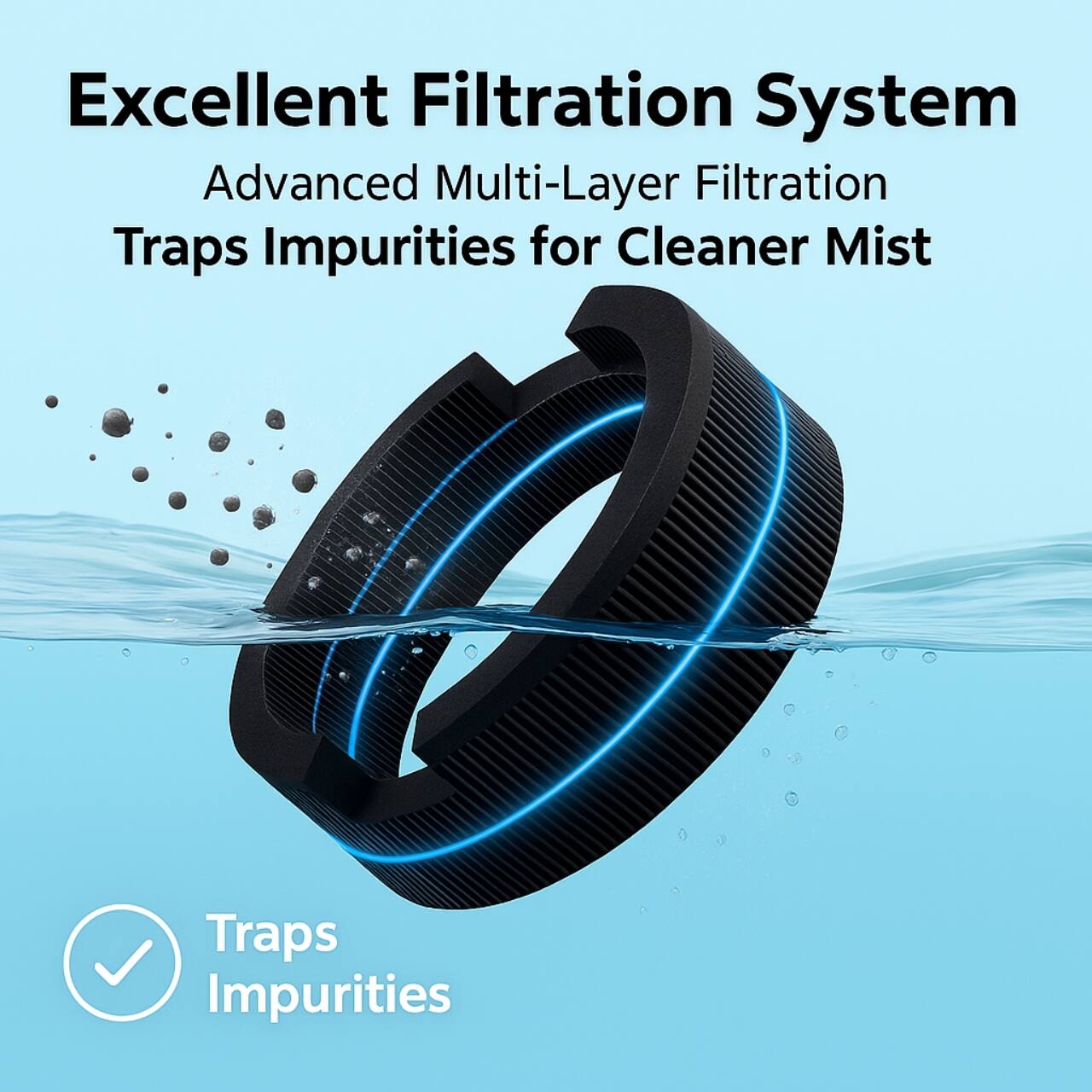 Excellent Filtration System  
Advanced Multi-Layer Filtration  
Traps Impurities for Cleaner Mist  

Traps Impurities