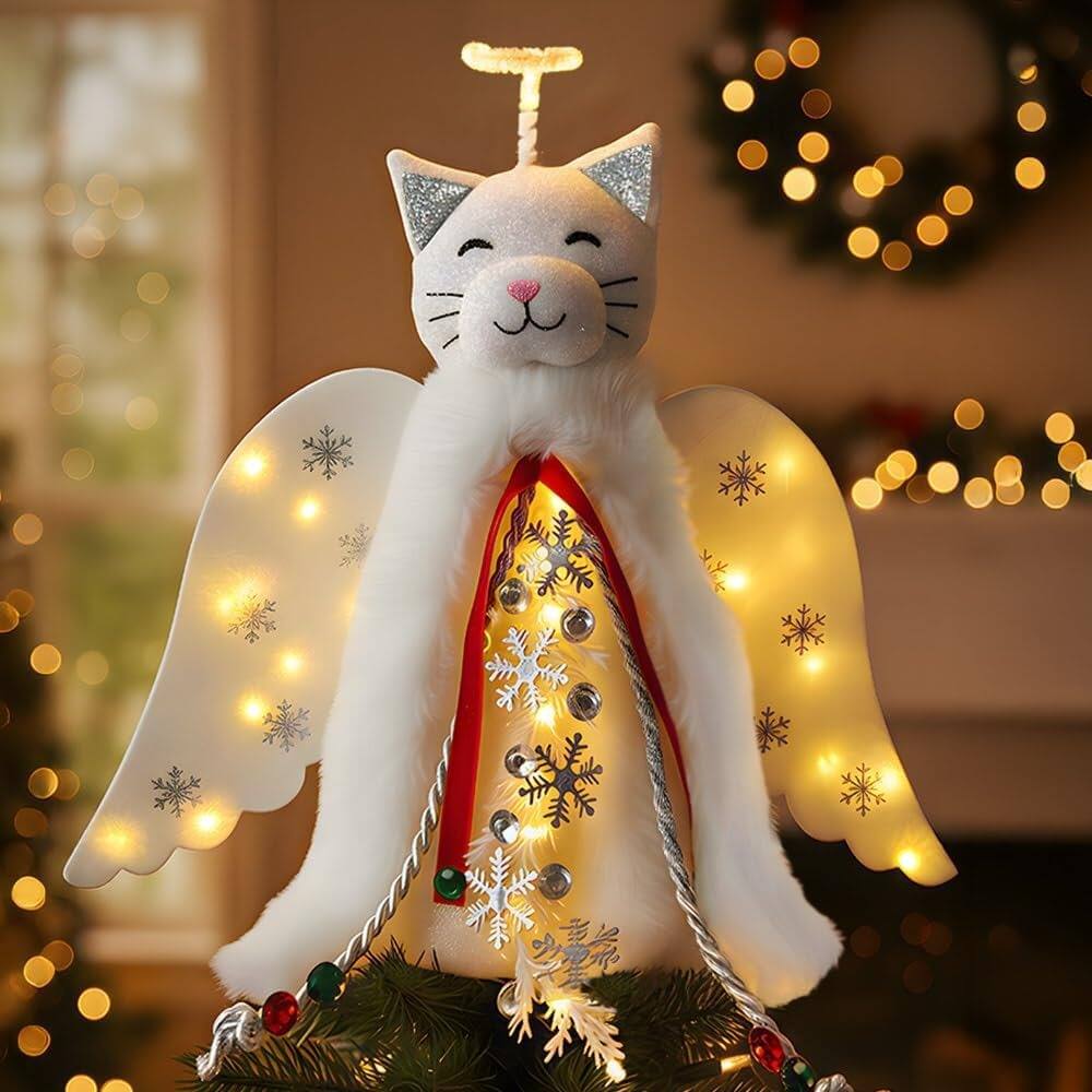 Front. Schertz - Cat 'Christmas Miracle' Tree Topper – LED Halo, Snowflake Garland, Wings - white.