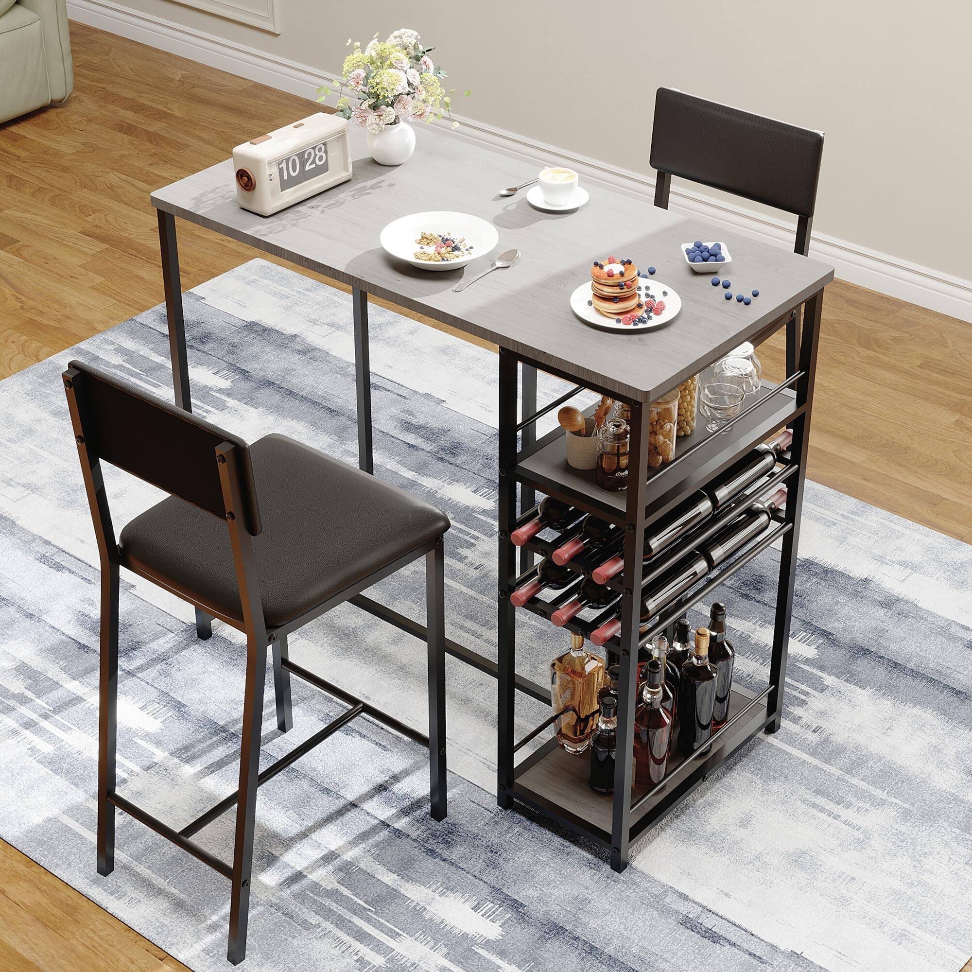 Left. Homhougo - Dining Room Table with 2 Upholstered Chairs, Bistro Table and Chairs Set of 2 with Storage Shelves - Gray.