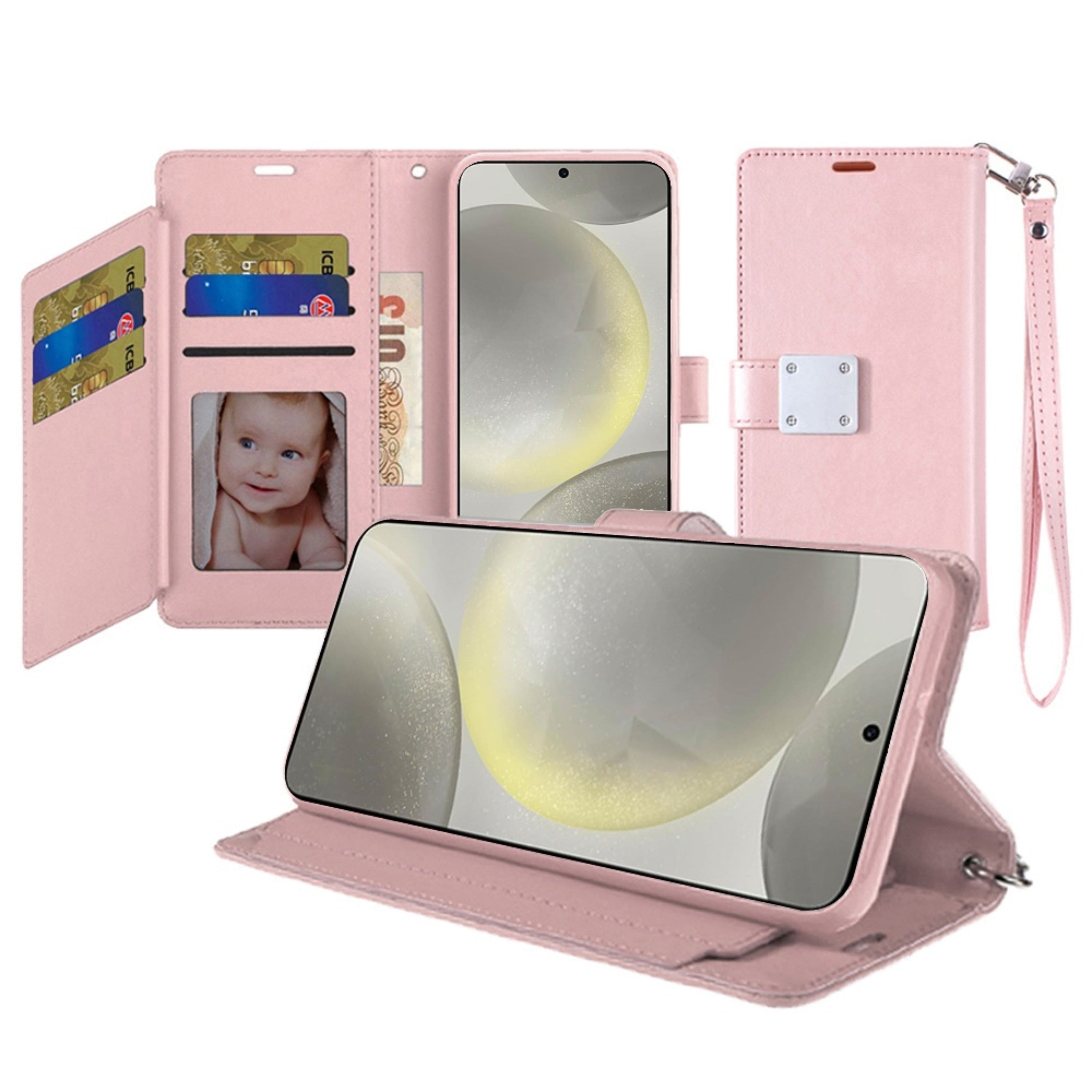 Kitcheniva - Premium Wallet ID Card Holder Case With Tempered Glass For Samsung S25 Plus/S24 Plus - Rose Gold