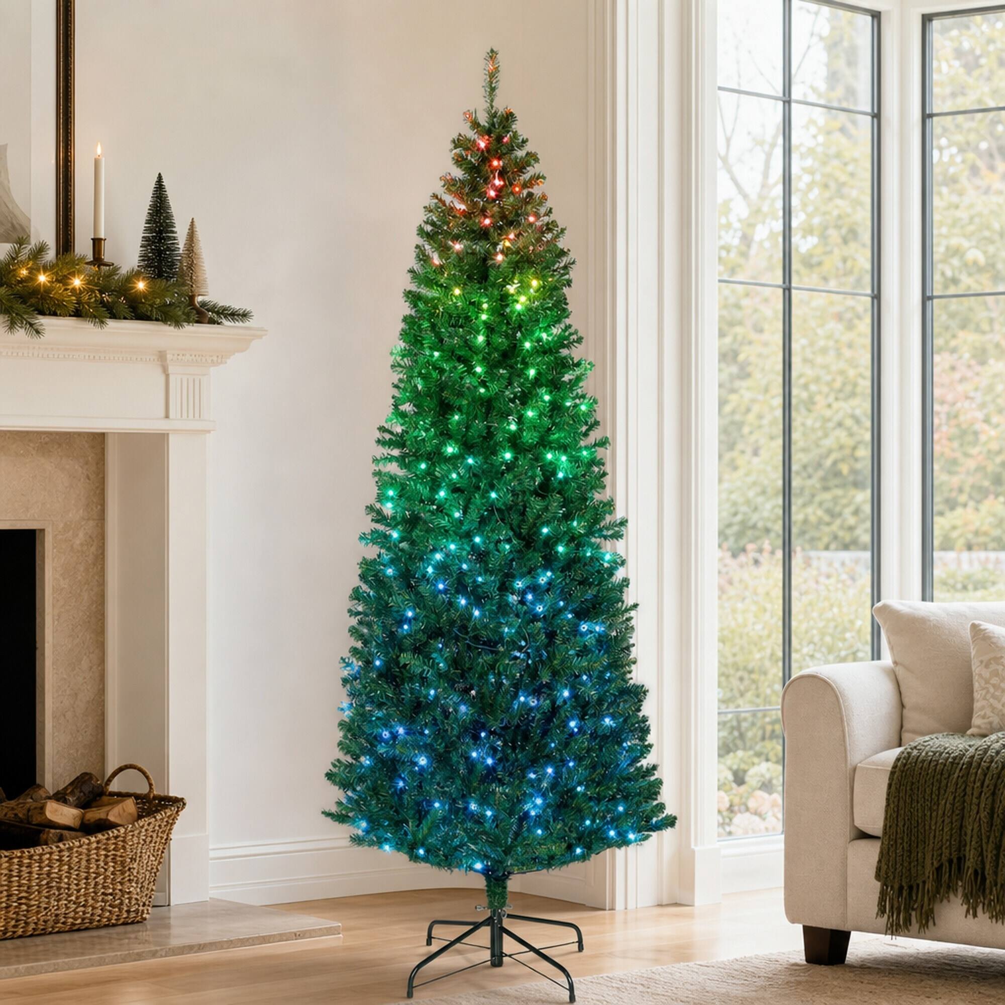 Back. RYHNUYNE - 7FT Pre-Lit Slim Fir Christmas Tree With Colorful DIY Synchronized LED Lights and Remote, 12 Modes and Dense Tips - Green.