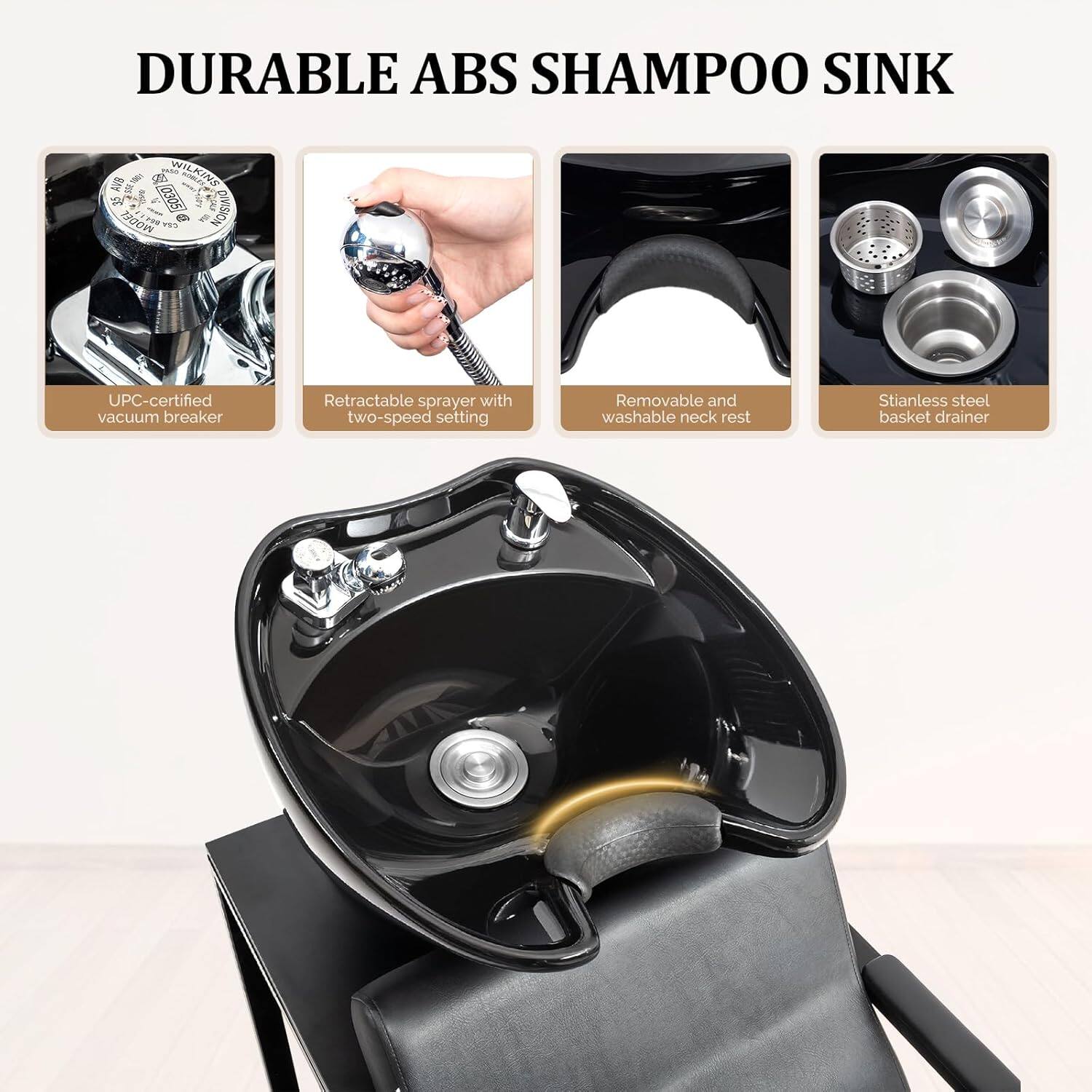 DURABLE ABS SHAMPOO SINK

- UPC-certified vacuum breaker
- Retractable sprayer with two-speed setting
- Removable and washable neck rest
- Stainless steel basket drainer