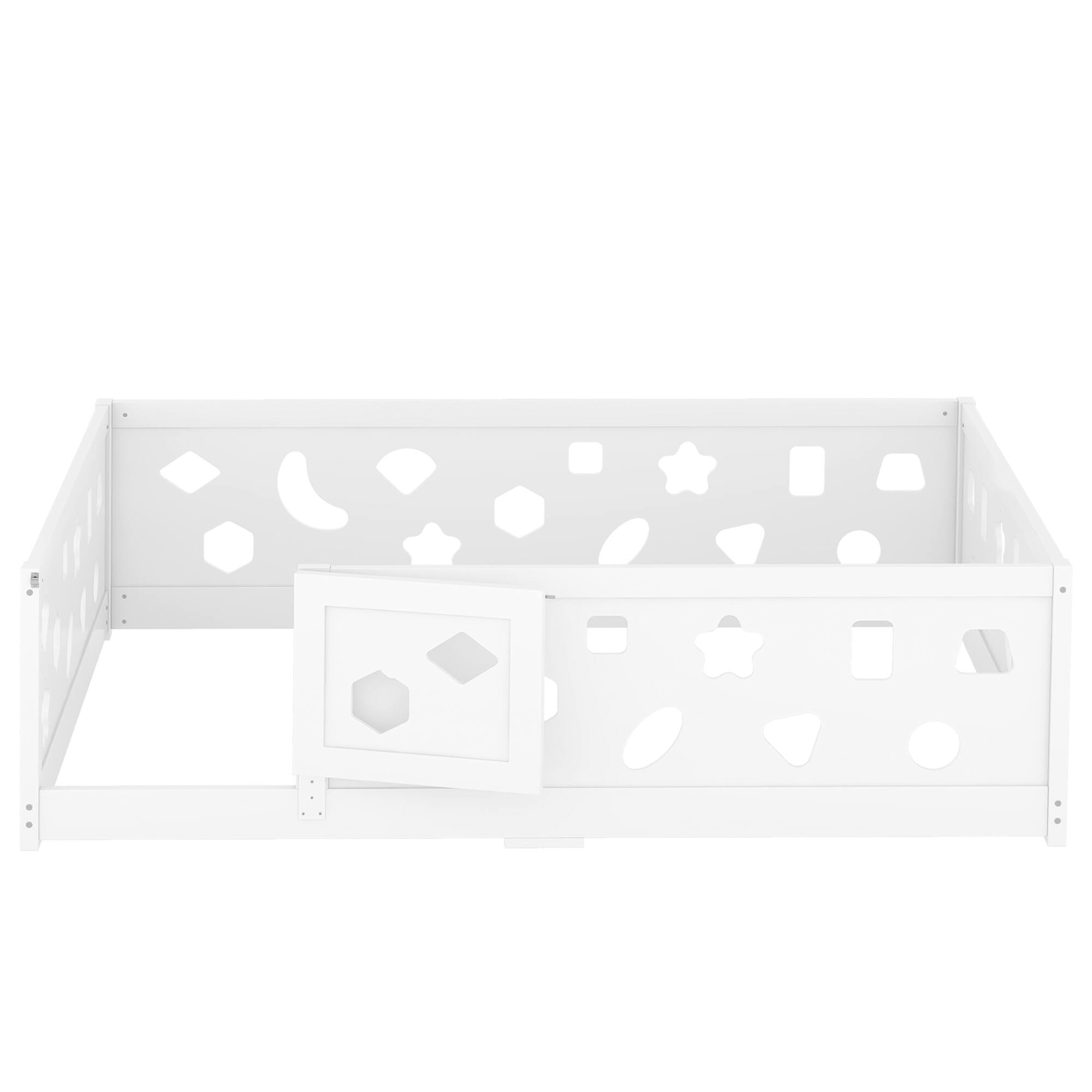 Alt View 2. Tiramisubest - Full Size Floor Bed with Heightened Safety Guardrails and Door, Solid Wood Bedframe with Rails No Slats Included, White - White.