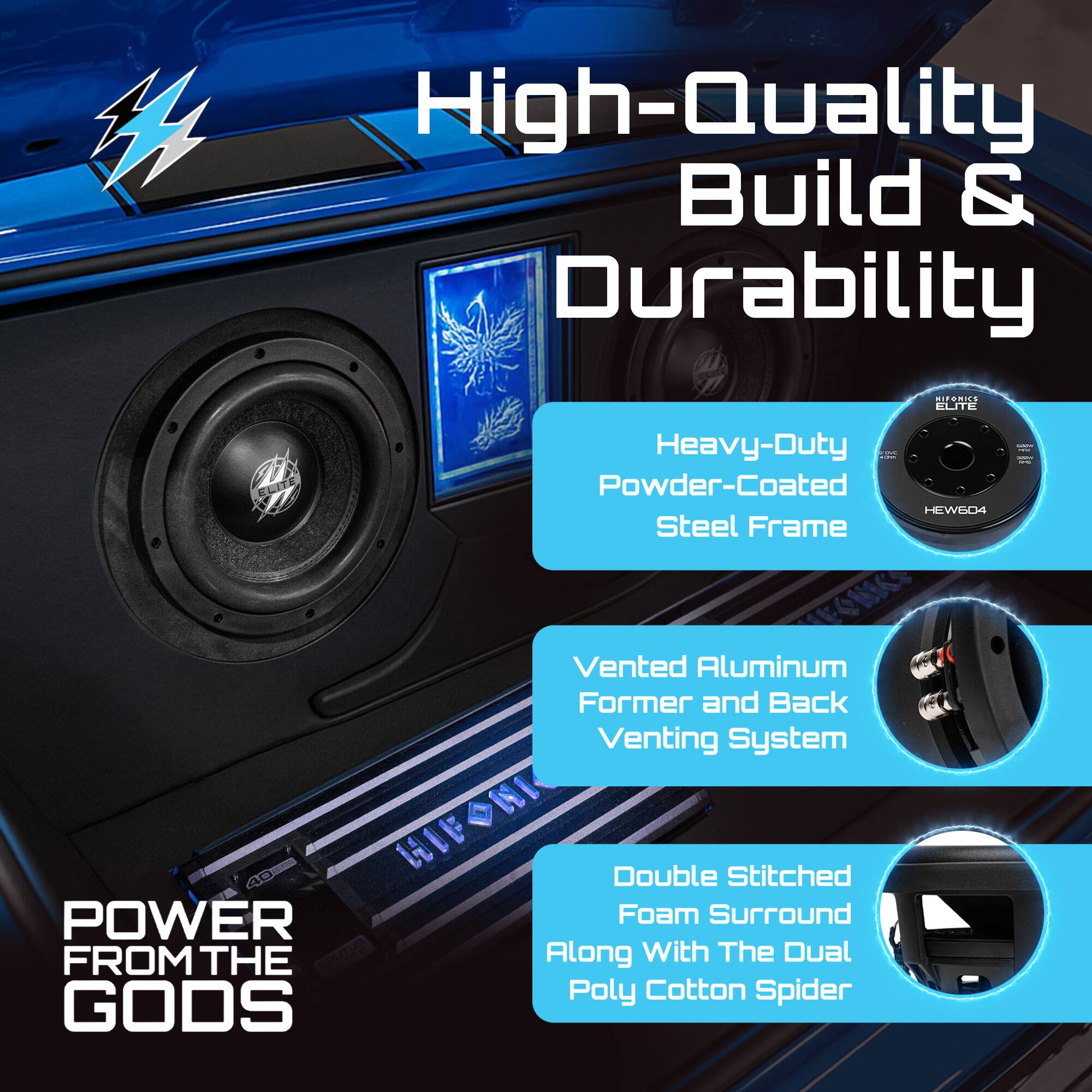 High-Quality Build & Durability

Heavy-Duty Powder-Coated Steel Frame

Vented Aluminum Former and Back Venting System

Double Stitched Foam Surround Along With The Dual Poly Cotton Spider

POWER FROM THE GODS