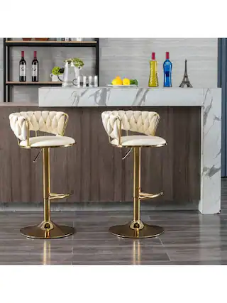 Front. Trinkets Crazed - Gold Bar Stools Set Of 2, 360° Swivel Bar Stools Counter Height Bar Stools, Velvet Adjustable Height Barstools - Beige.