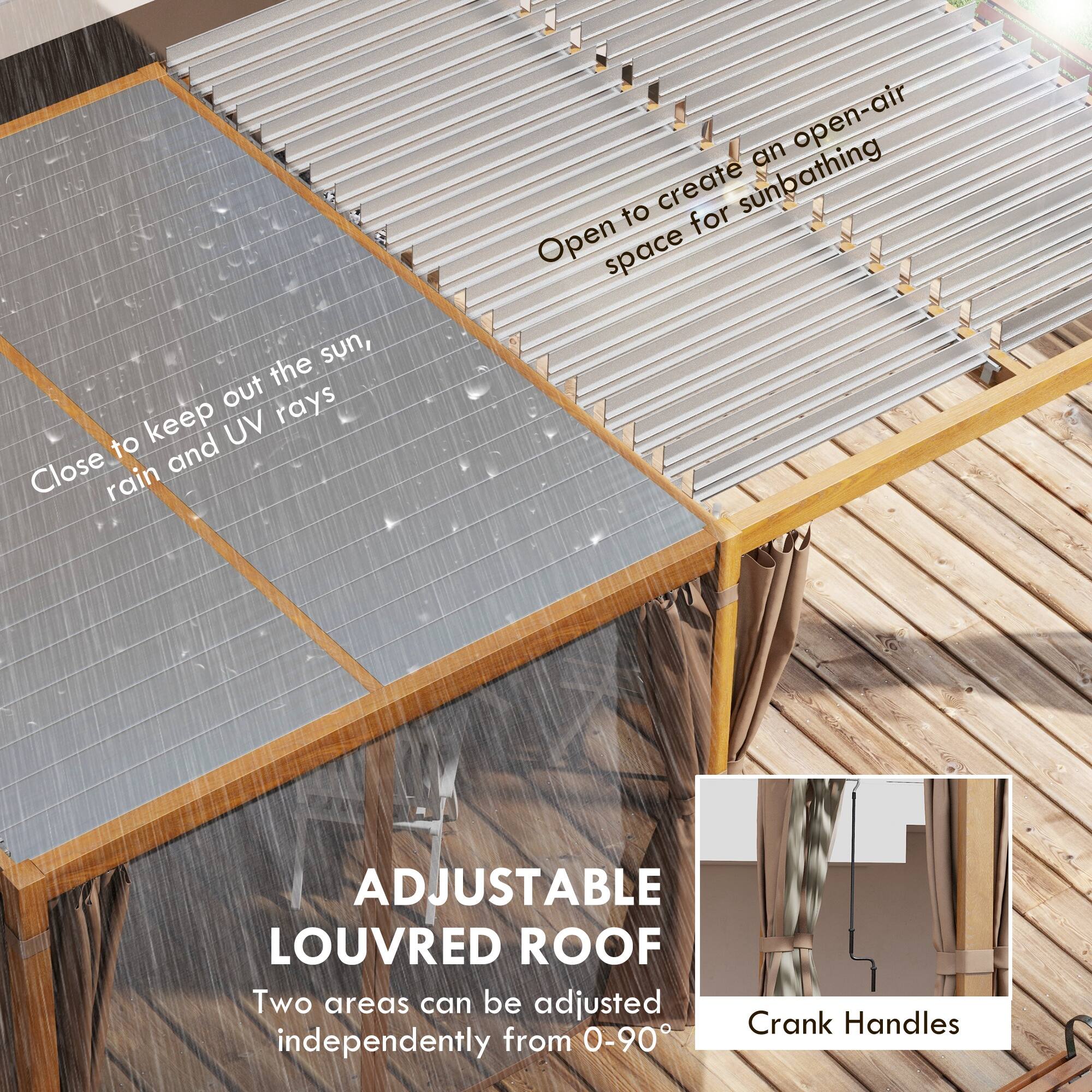 - Close to keep out the sun, rain and UV rays
- Open to create an open-air space for sunbathing

ADJUSTABLE LOUVRED ROOF
Two areas can be adjusted independently from 0-90°

Crank Handles