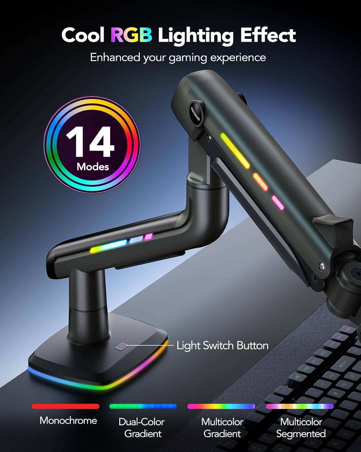 Cool RGB Lighting Effect Enhanced your gaming experience 14 Modes IRANUO Light Switch Button

- Monochrome
- Dual-Color Gradient
- Multicolor Gradient
- Multicolor Segmented