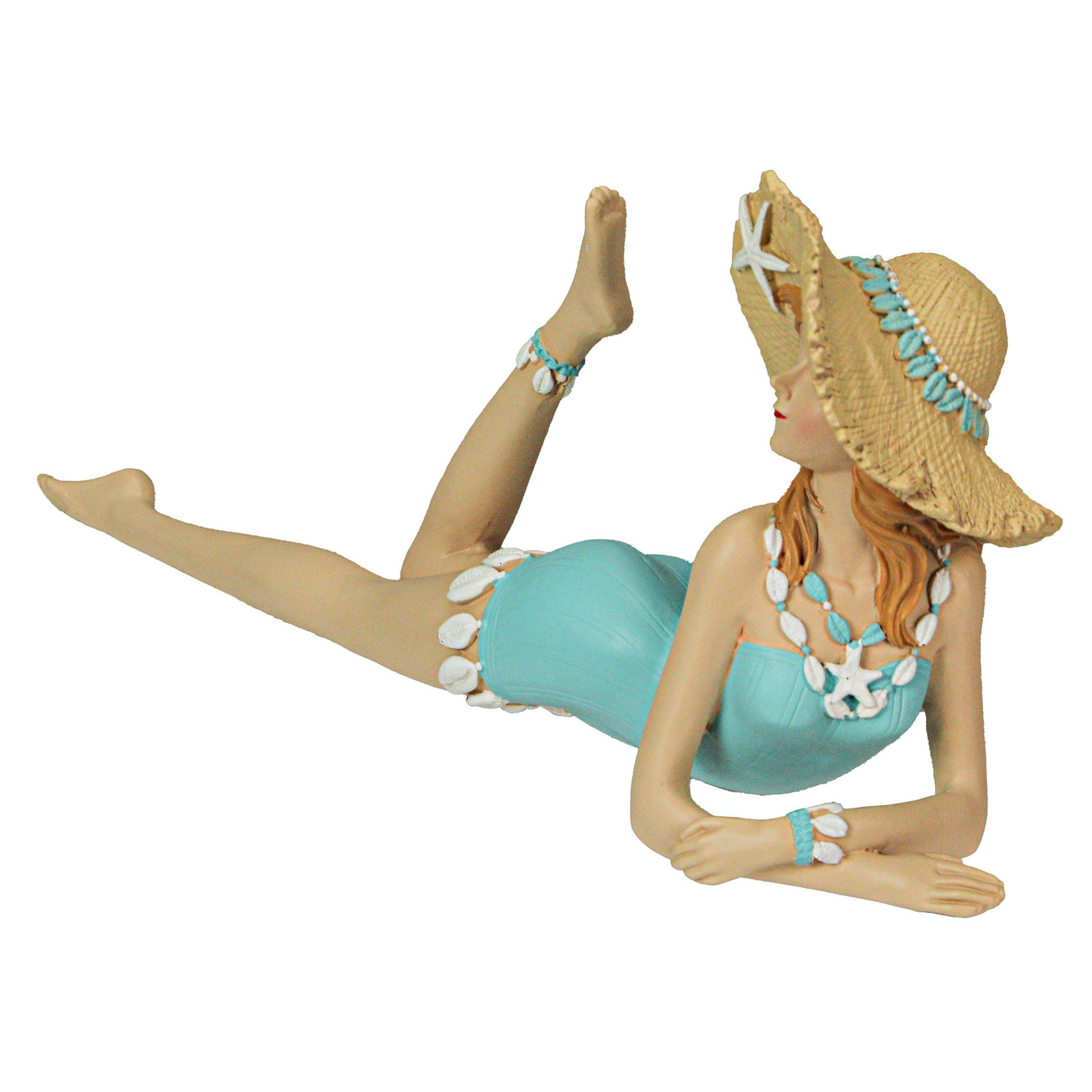 Alt View 1. Fancy That - Retro Lounging Bathing Beauty Beach Girl Teal Swimsuit Resin Figurine Home Decor - Aqua.