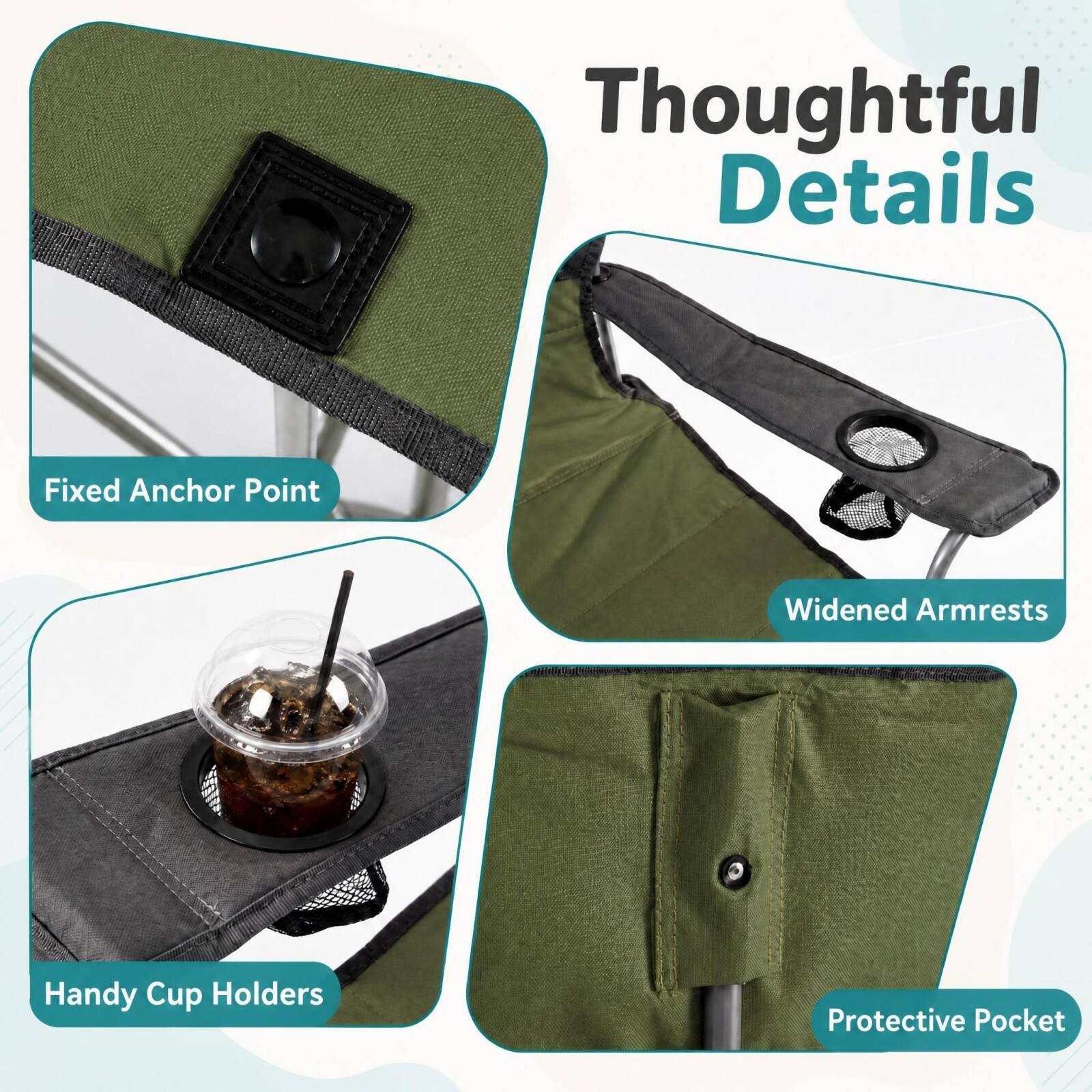 Thoughtful Details
- Fixed Anchor Point
- Widened Armrests
- Handy Cup Holders
- Protective Pocket