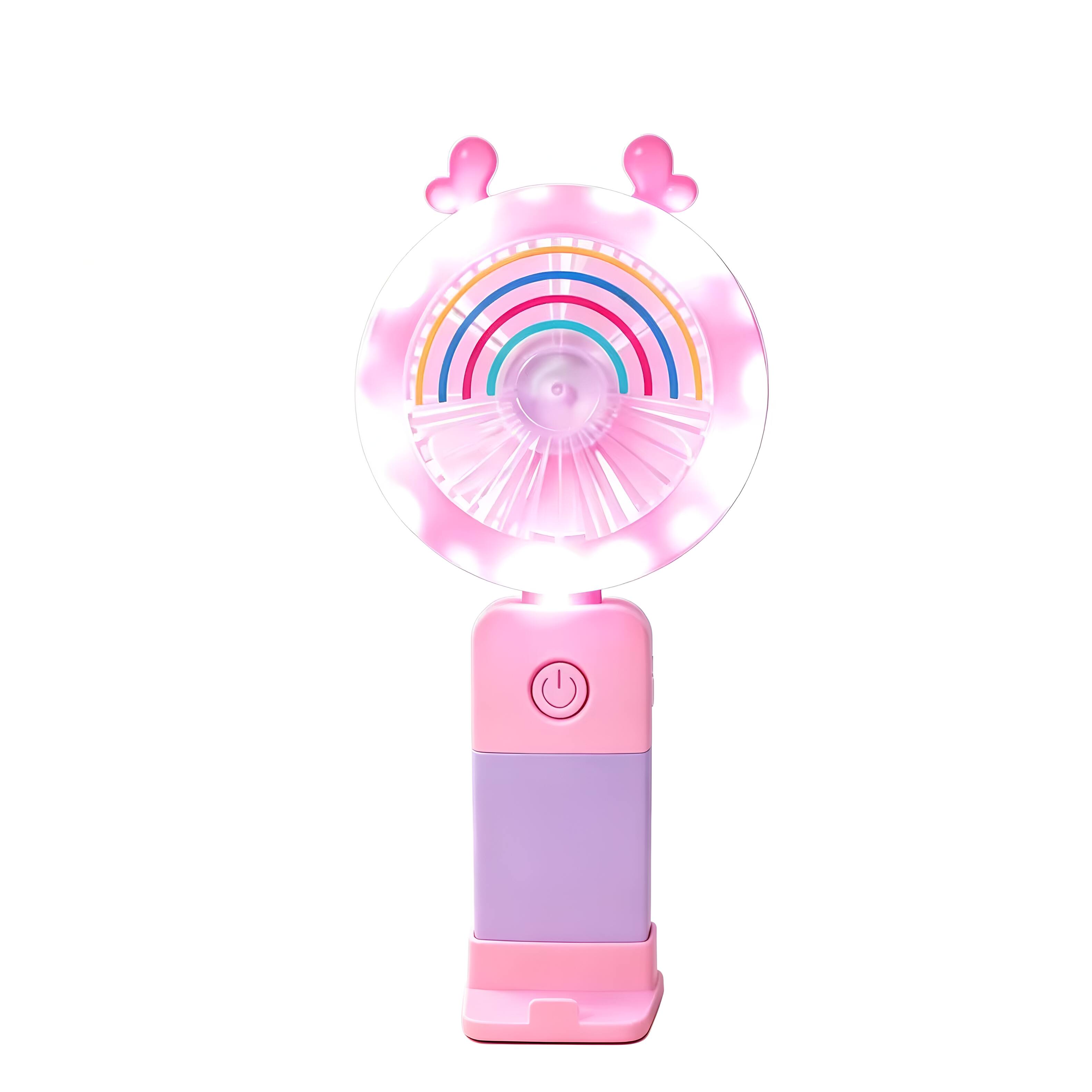 Front. Cluzine - Cute Rainbow Handheld Fan with LED Light, Portable USB Rechargeable for Kids & Outdoor.