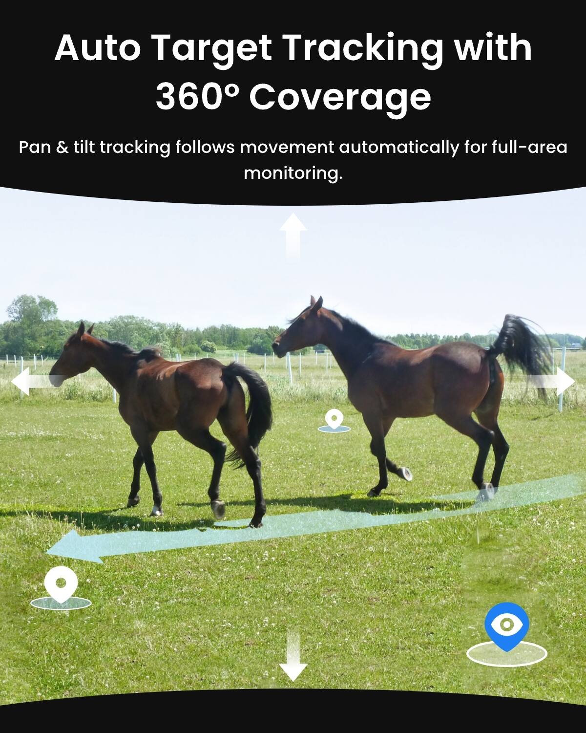 Auto Target Tracking with 360° Coverage  
Pan & tilt tracking follows movement automatically for full-area monitoring.