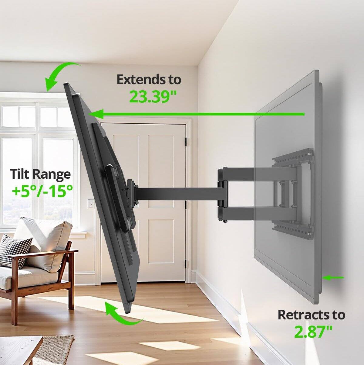 Extends to 23.39"  
Tilt Range +5°/-15°  
Retracts to 2.87"