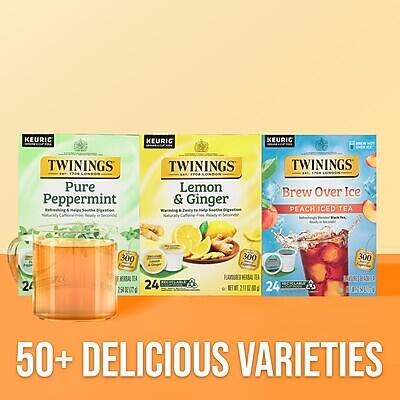 KEURIG TWININGS Pure Peppermint & Digestion  
KEURIG TWININGS Lemon & Ginger  
KEURIG TWININGS Brew Over Ice Peach Iced Tea  

300 calories per serving  
24 K-Cups  

50+ Delicious Varieties