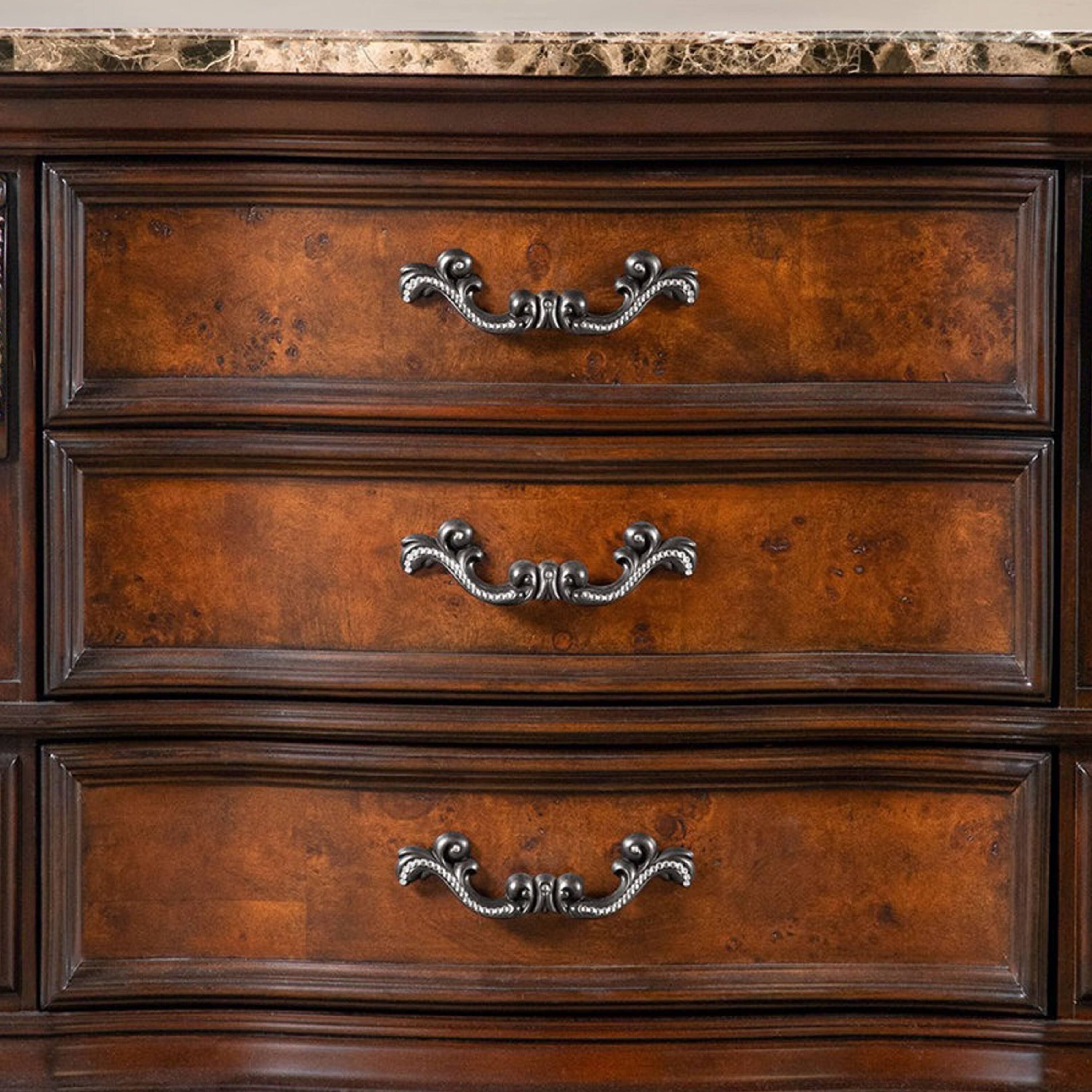 Alt View 1. Manhattan Lane - Iliana Nightstand, 3 Drawers, Ornate Oak and Dark Cherry Brown, 33 Inch - Cherry Brown, Oak Brown, Gold, Bronze.