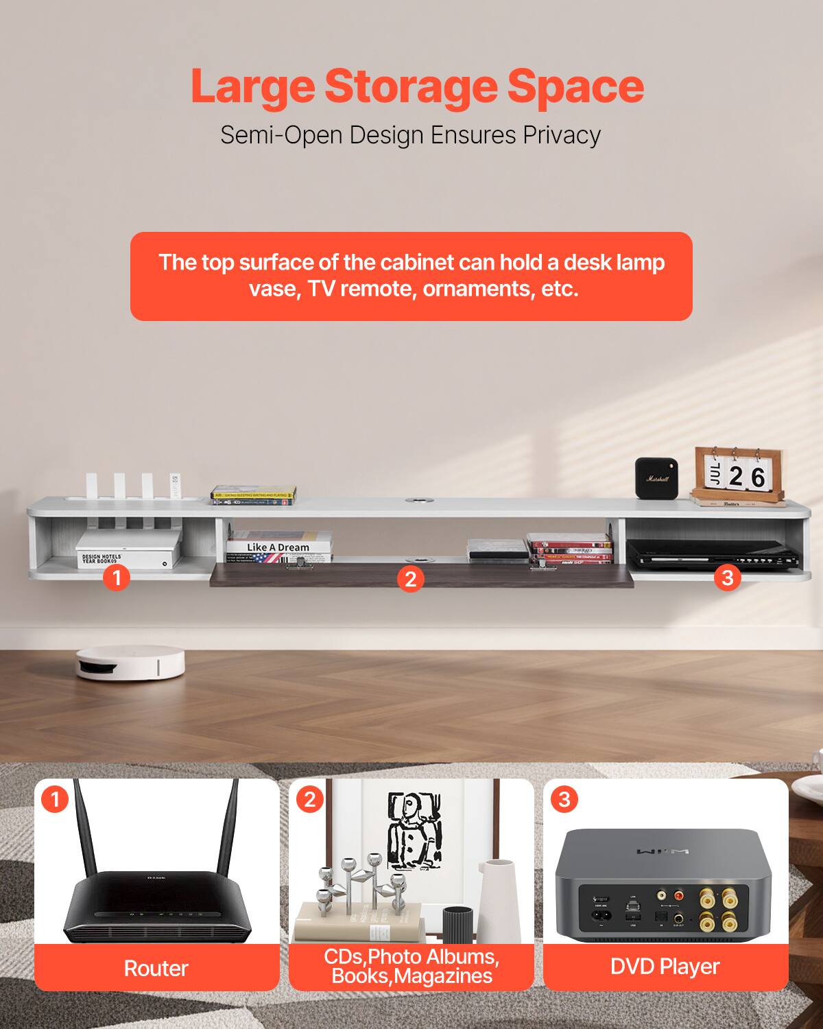 Large Storage Space  
Semi-Open Design Ensures Privacy  

The top surface of the cabinet can hold a desk lamp, vase, TV remote, ornaments, etc.  

1. Router  
2. CDs, Photo Albums, Books, Magazines  
3. DVD Player