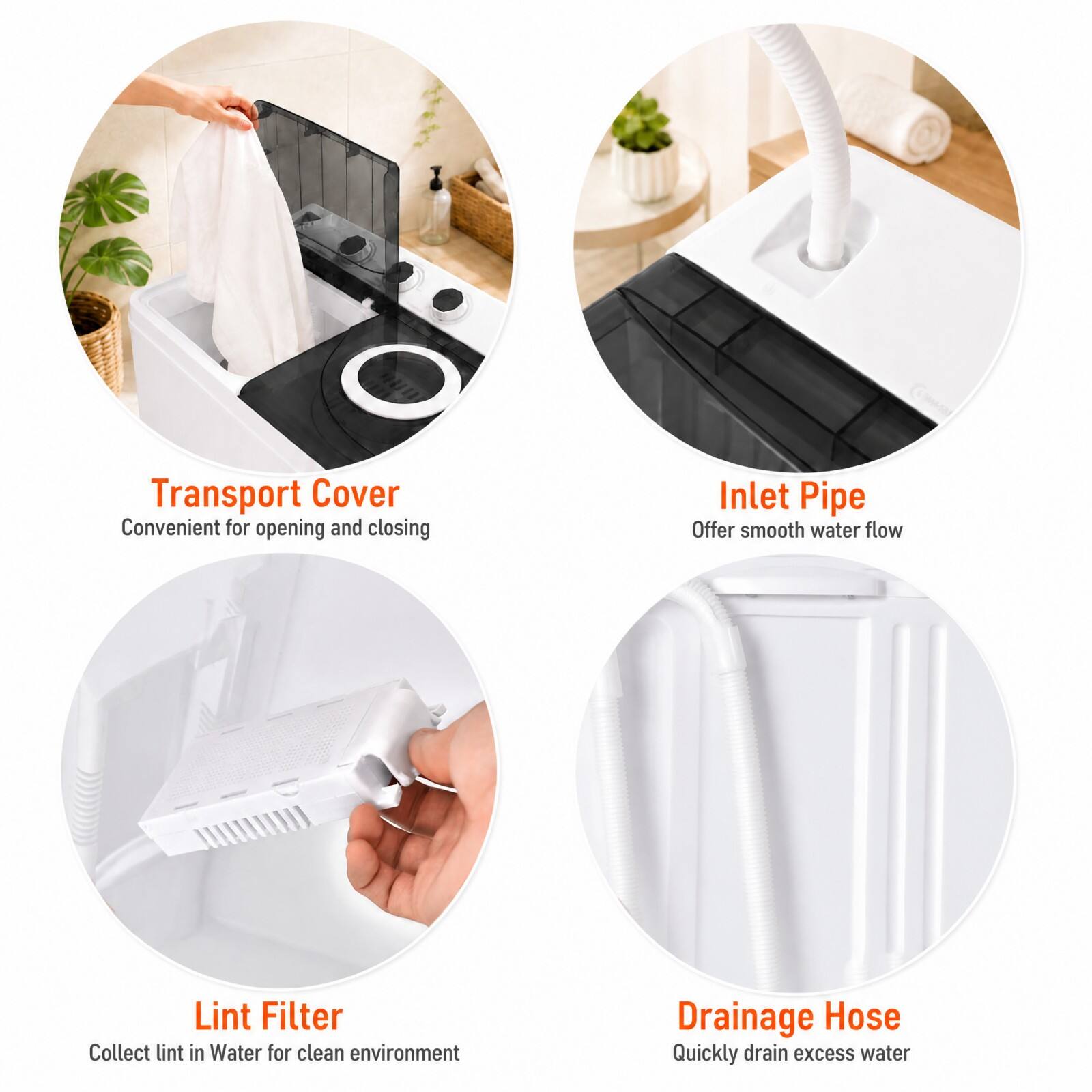- Transport Cover: Convenient for opening and closing
- Inlet Pipe: Offer smooth water flow
- Lint Filter: Collect lint in Water for clean environment
- Drainage Hose: Quickly drain excess water