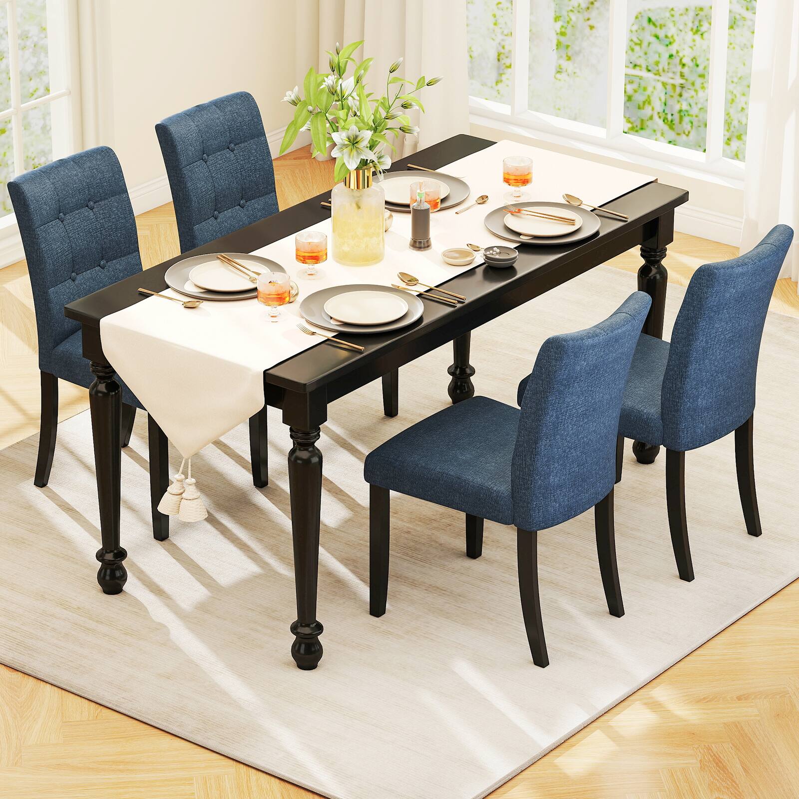 Alt View 1. Gymax - Gymax 4PCS Tufted Dining Chairs Upholstered Kitchen Armless Side Chairs w/Padded Seat - Dark Blue, Black.