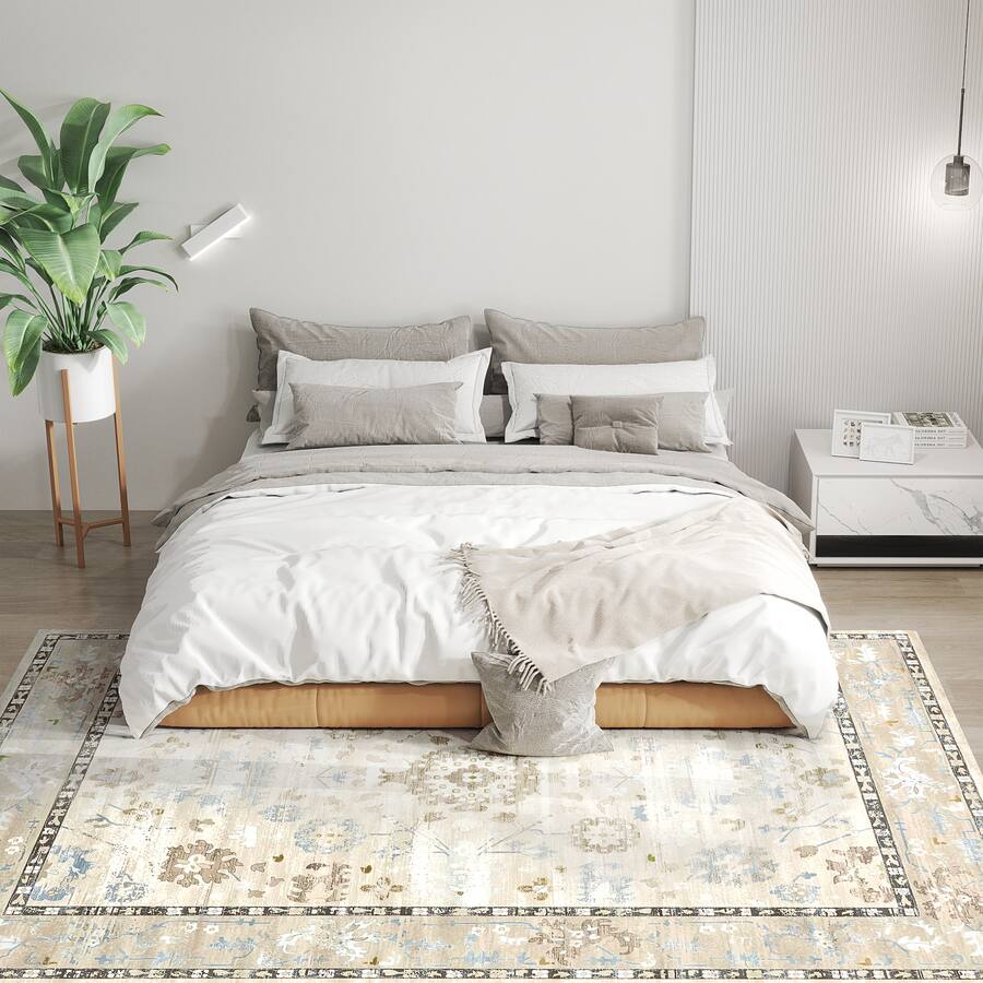 Integrated Rugs Homcom 8x10 Indoor Rug: Mach Wash Distress Medallion Boho Non Slip ...
