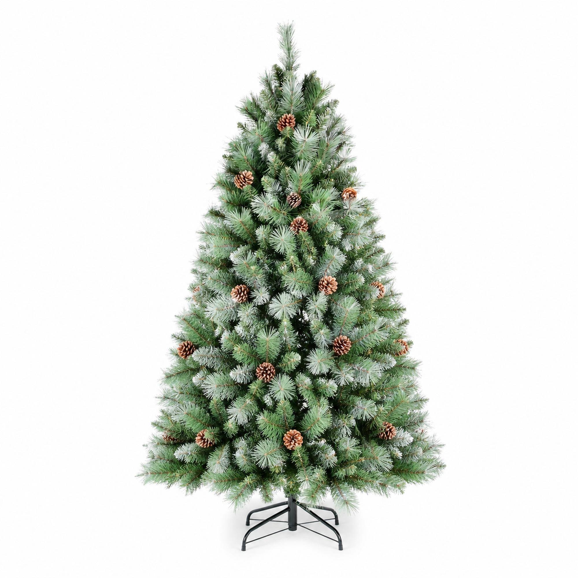 Front. RYHNUYNE - 7.5FT Christmas Tree With 92 Pine Cones, 1588 Mixed PVC Hard Needle Branches Hinged Structure Sturdy Metal Stand - Green.