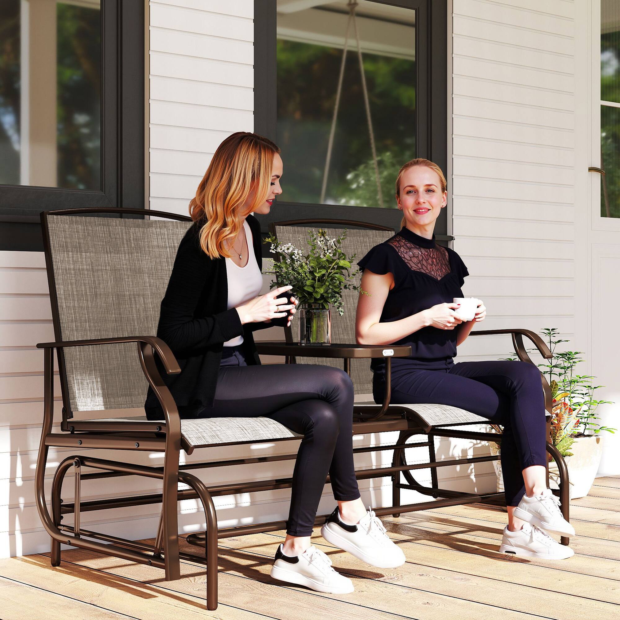 Alt View 1. Outsunny - Outdoor Glider Bench w/ Center Table - Brown.
