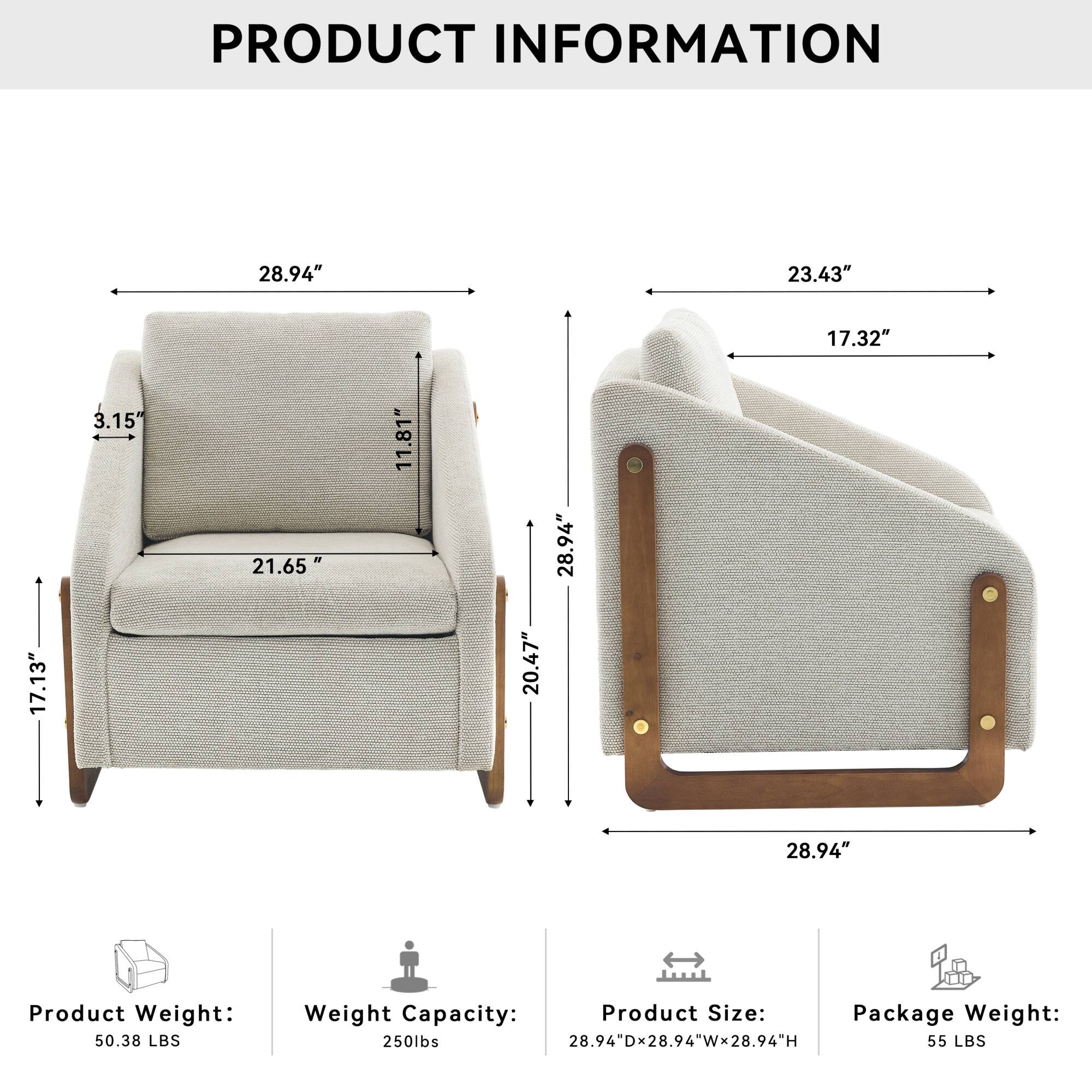 PRODUCT INFORMATION

- 28.94" (Width)
- 23.43" (Depth)
- 17.32" (Height)
- 3.15" (Armrest Height)
- 21.65" (Seat Height)
- 17.13" (Seat Depth)
- 20.47" (Back Height)
- 28.94" (Overall Height)

Product Weight: 50.38 LBS  
Weight Capacity: 250lbs  
Product Size: 28.94"D x 28.94"W x 28.94"H  
Package Weight: 55 LBS
