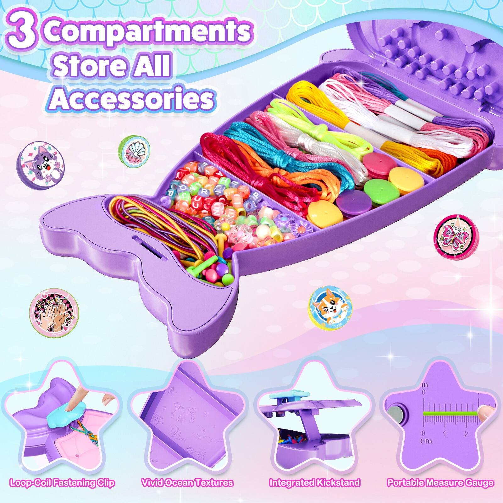 3 Compartments Store All Accessories

- Loop-Coil Fastening Clip
- Vivid Ocean Textures
- Integrated Kickstand
- Portable Measure Gauge