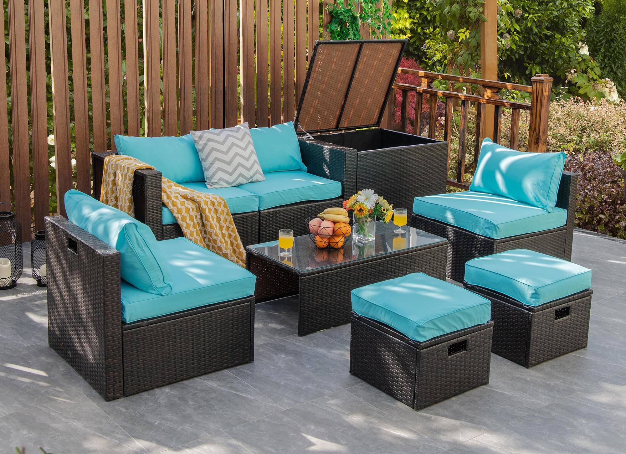 Alt View 1. Costway - Costway 8PCS Patio Rattan Furniture Set  Space-Saving Storage Cushion cover - Turquoise.