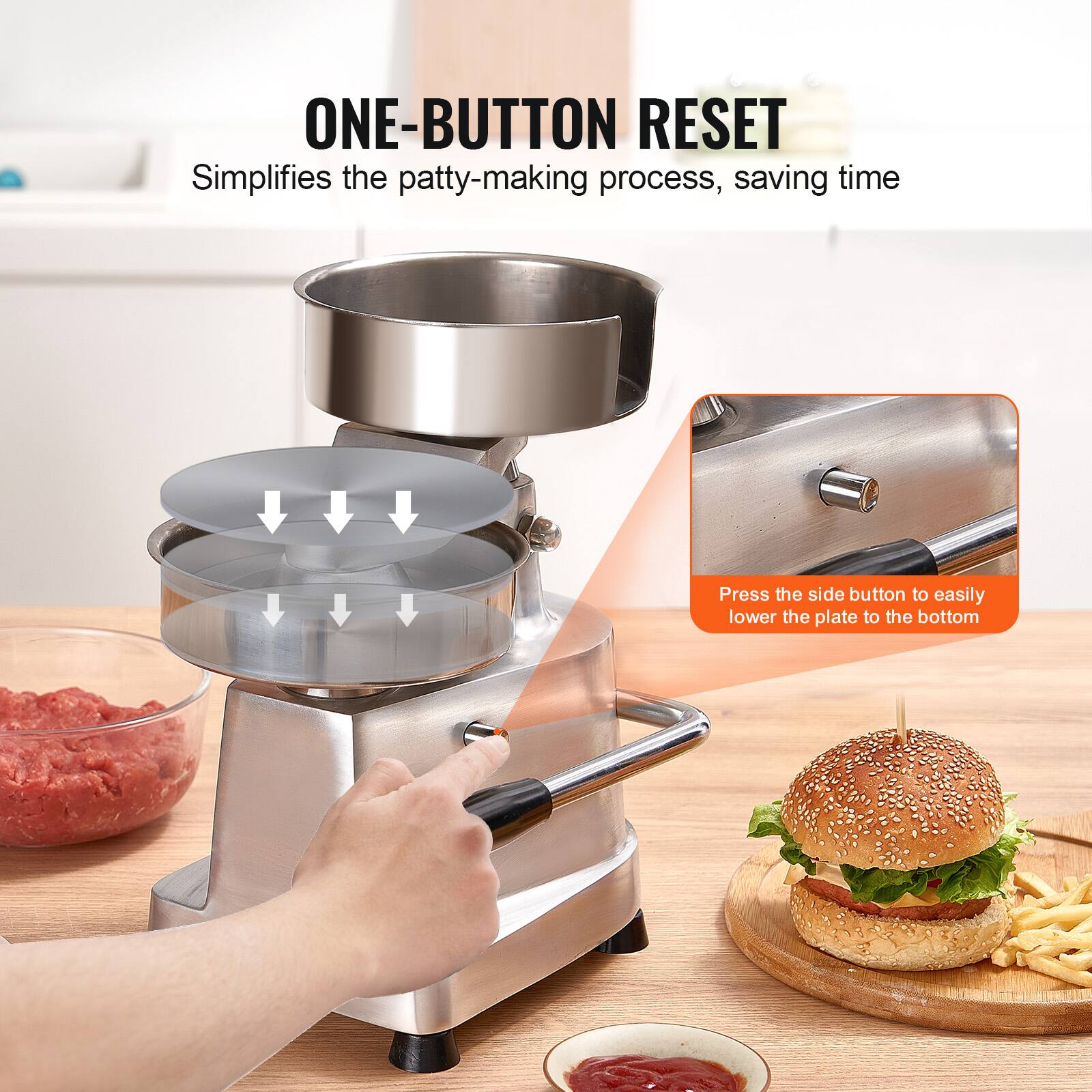 ONE-BUTTON RESET  
Simplifies the patty-making process, saving time  

Press the side button to easily lower the plate to the bottom