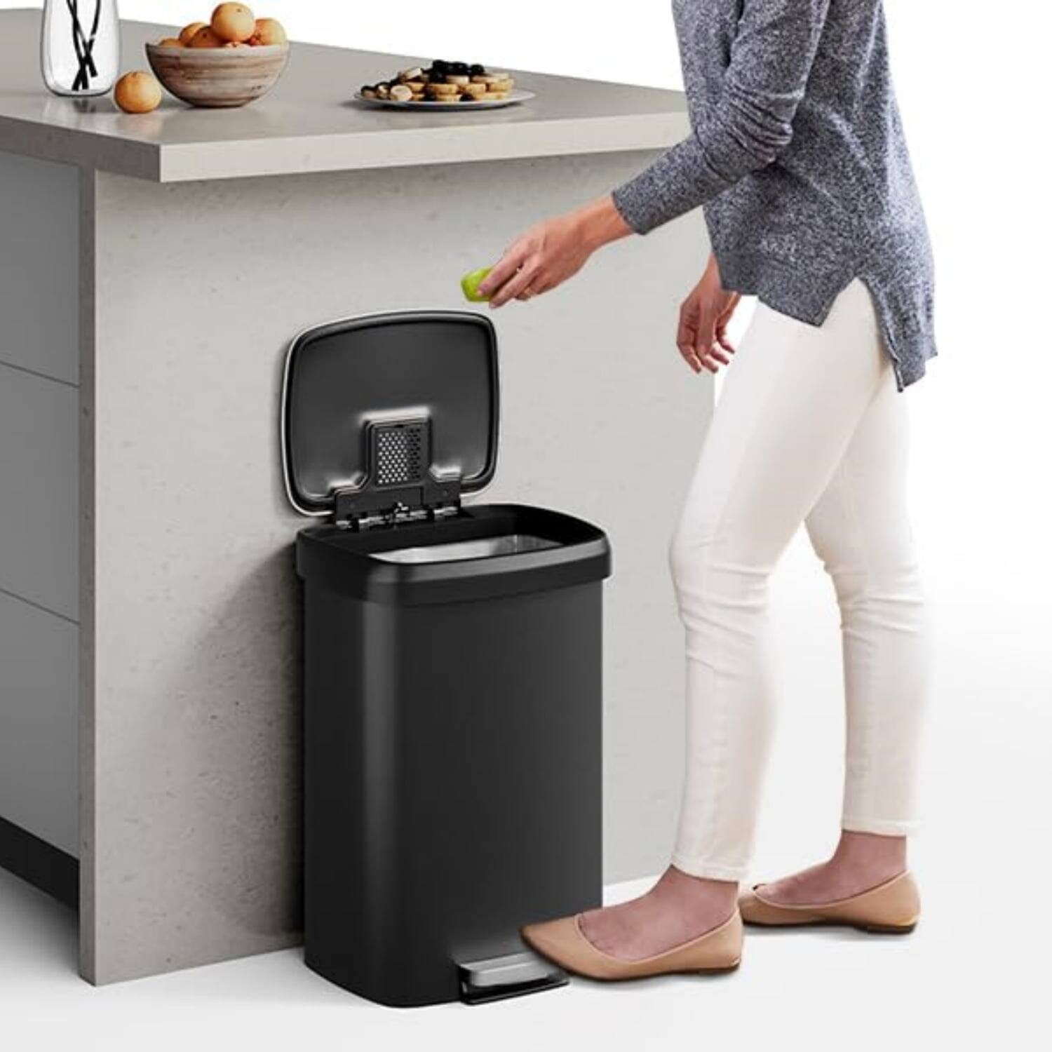 Alt View 1. Homhougo - 50L Plastic Trash Can with Soft Close Lid and Liner Rim, Black Color - Black.