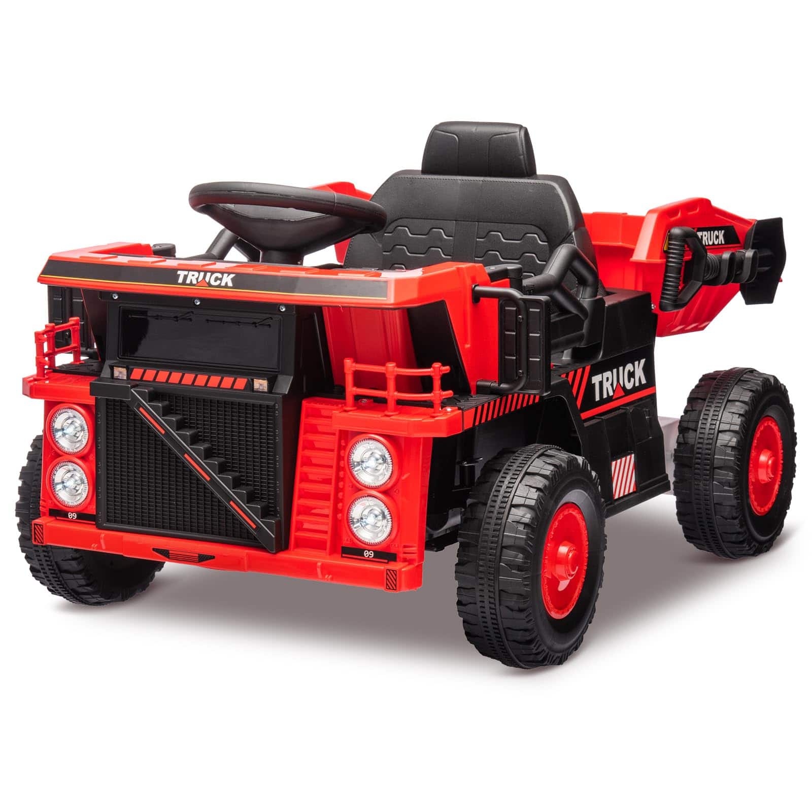 GARVEE - 12V Ride On Dump Truck for Kid,Remote Control Electric Construction Vehicle with Dump Bed & Shovel,Music, High/Low Speed - Red