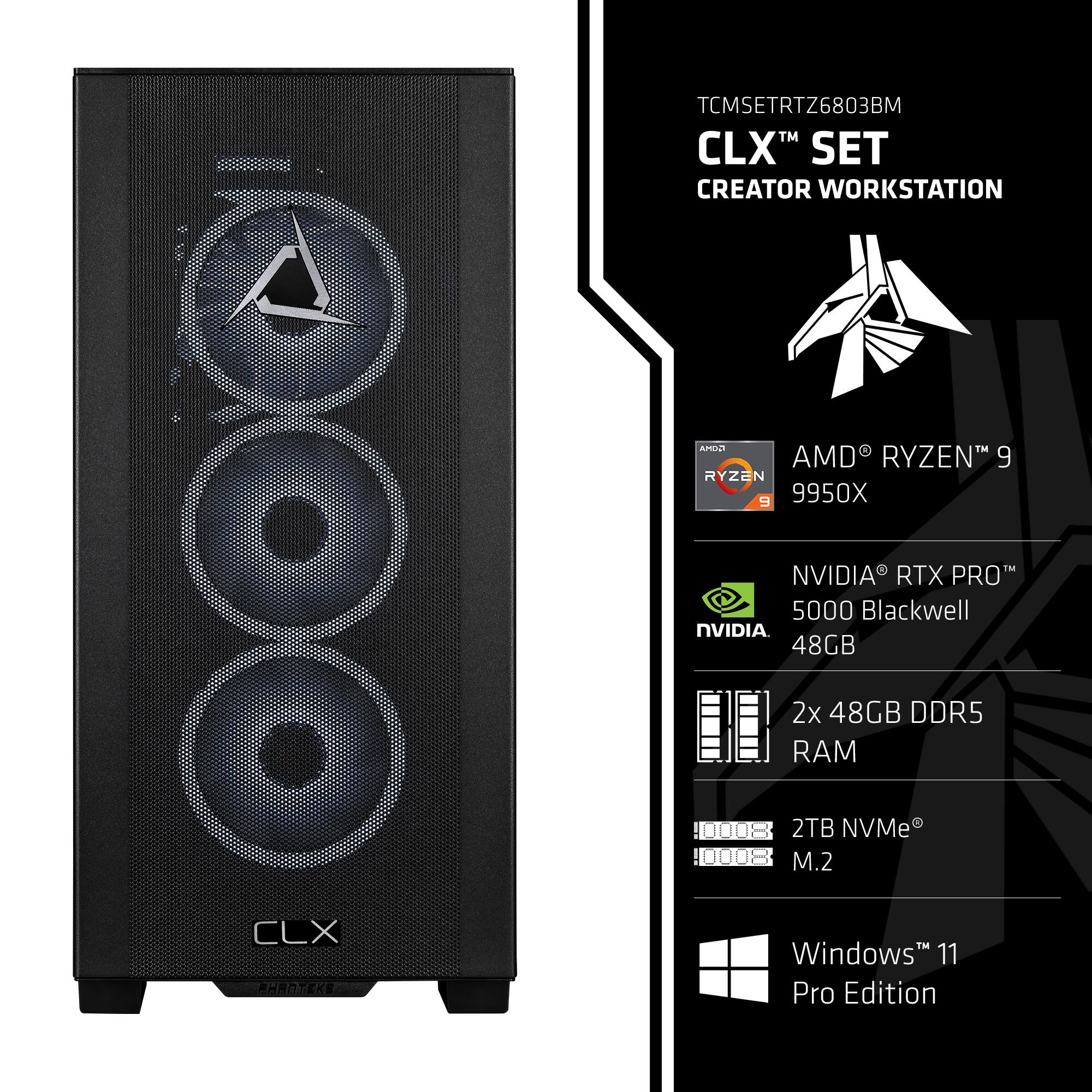 CLX PHANTEKS  
TCMSETRTZ6803BM  
CLX SET CREATOR WORKSTATION  
AMD RYZEN 9 9950X  
NVIDIA RTX PRO 5000 Blackwell  
48GB 2x 48GB DDR5 RAM  
2TB NVMe M.2  
Windows 11 Pro Edition
