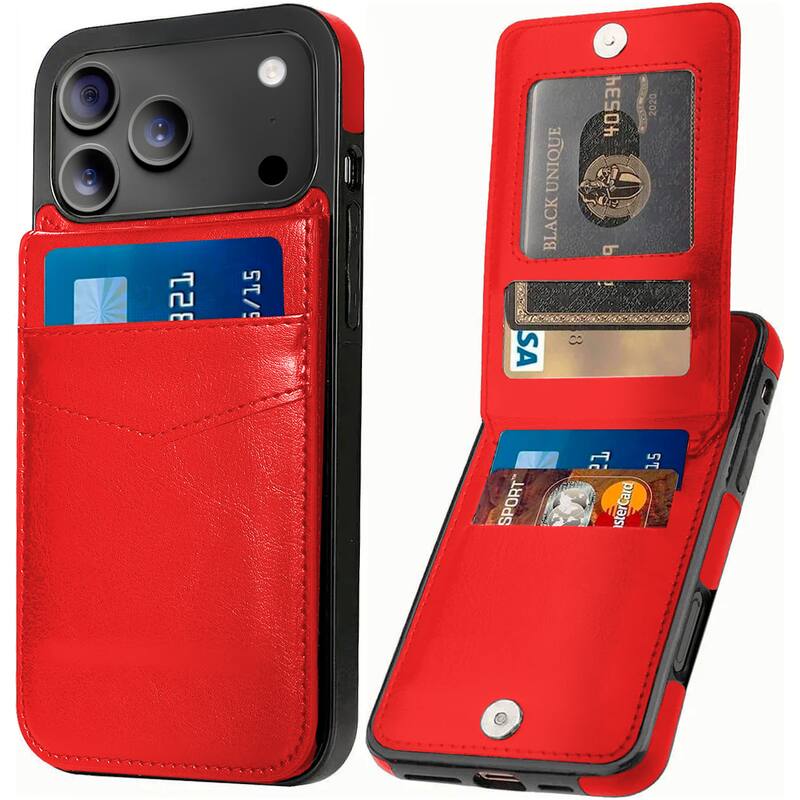 Entronix - Slim Leather Wallet Case for iPhone 17 Pro Max with Card Holder - Red