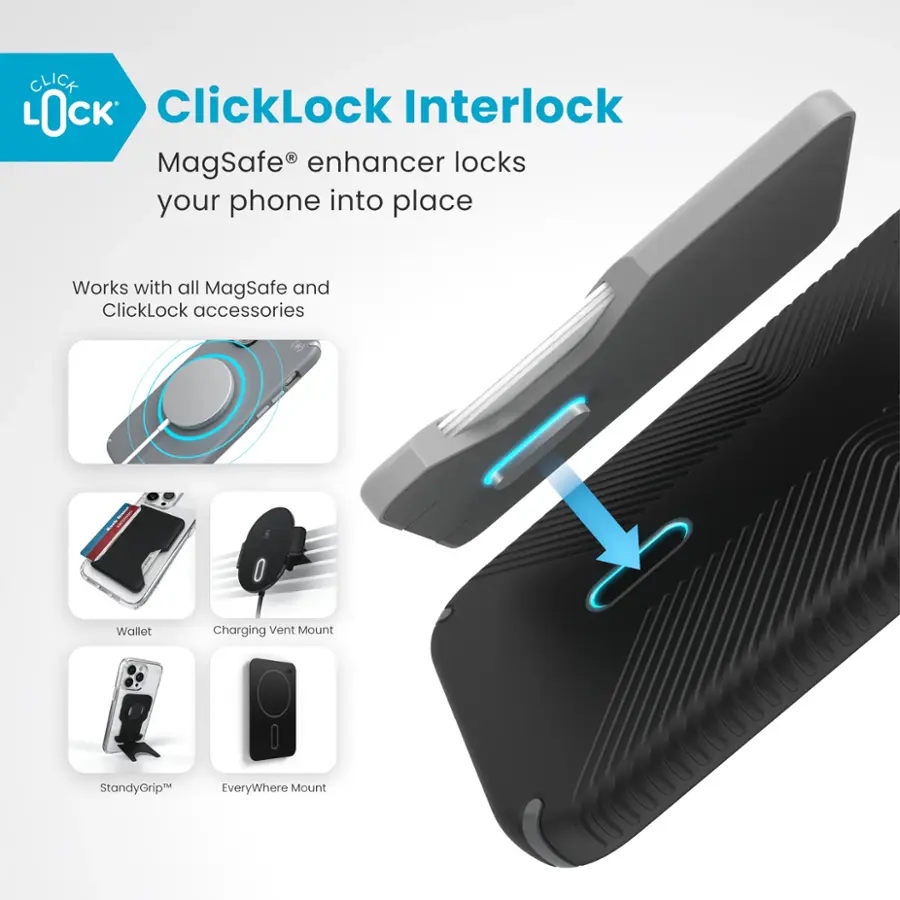 ClickLock Interlock MagSafe enhancer locks your phone into place. It works with all MagSafe and ClickLock accessories, including the Walllet, Charging Vent Mount, StandyGrip, and EveryWhere Mount.
