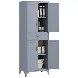 Homcom - 67" Tall Freestanding Kitchen Pantry Cabinet, 4-Door Storage Cabinet with Drawer and Adjustable Shelves for Dining Room - Gray