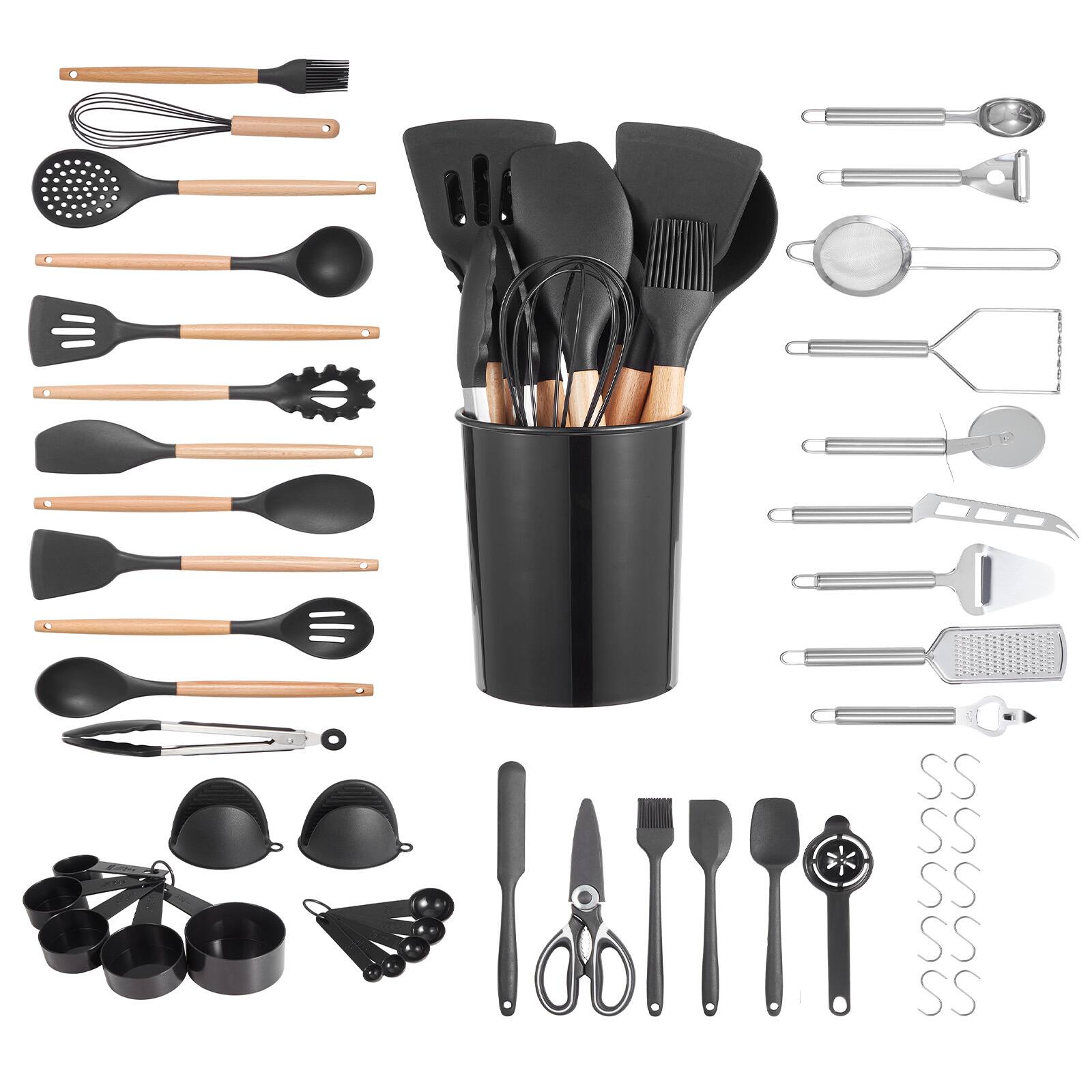 VEVOR - Kitchen Cooking Utensils Set, 50 PCS Silicone Spatula Set with Holder, 428°F Heat Resistant Gadget Spoons Tools - Black