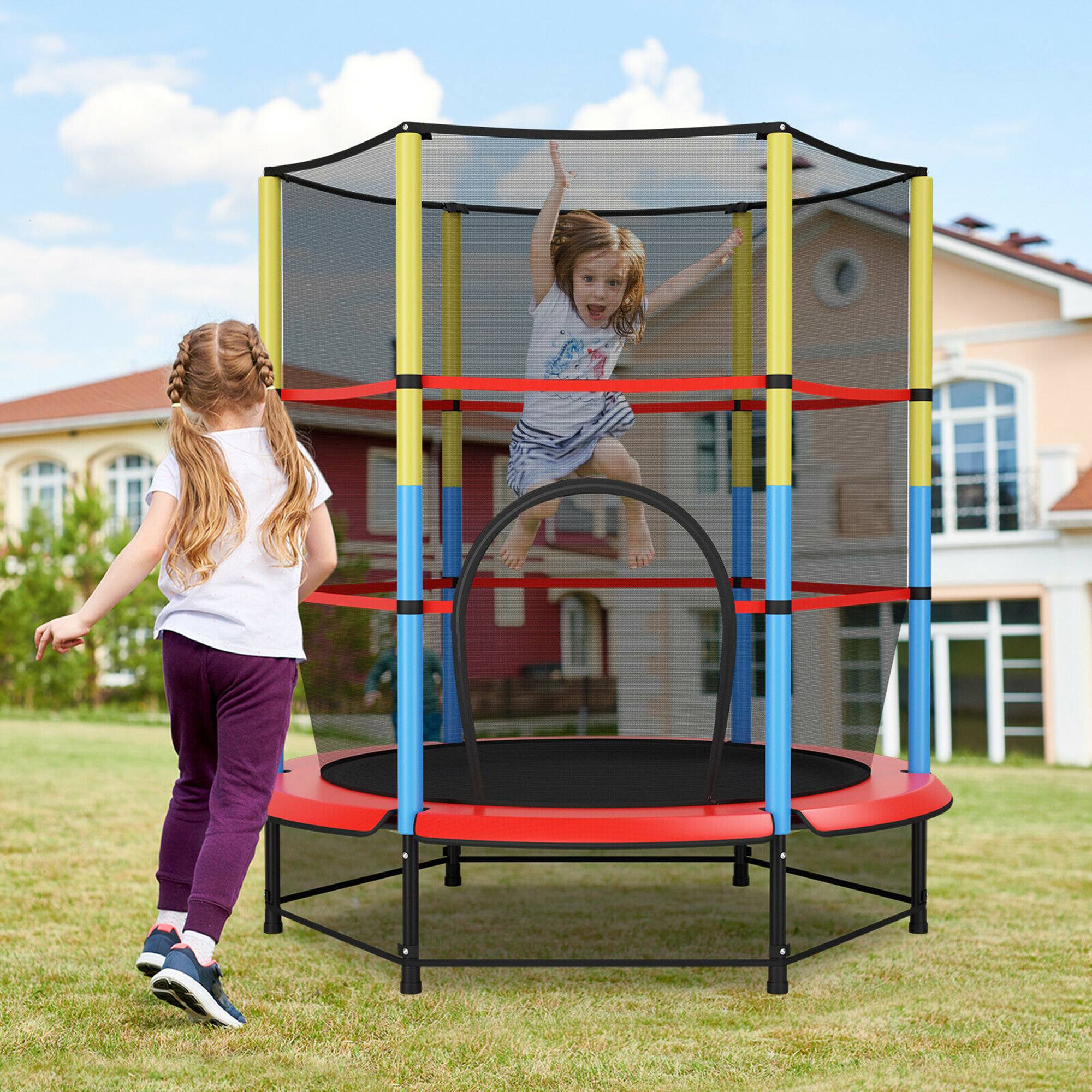 Alt View 1. Costway - Costway 55" Kids Trampoline Recreational Bounce Jumper W/Safety Enclosure Net Heavy-duty - Blue,Yellow,Red.