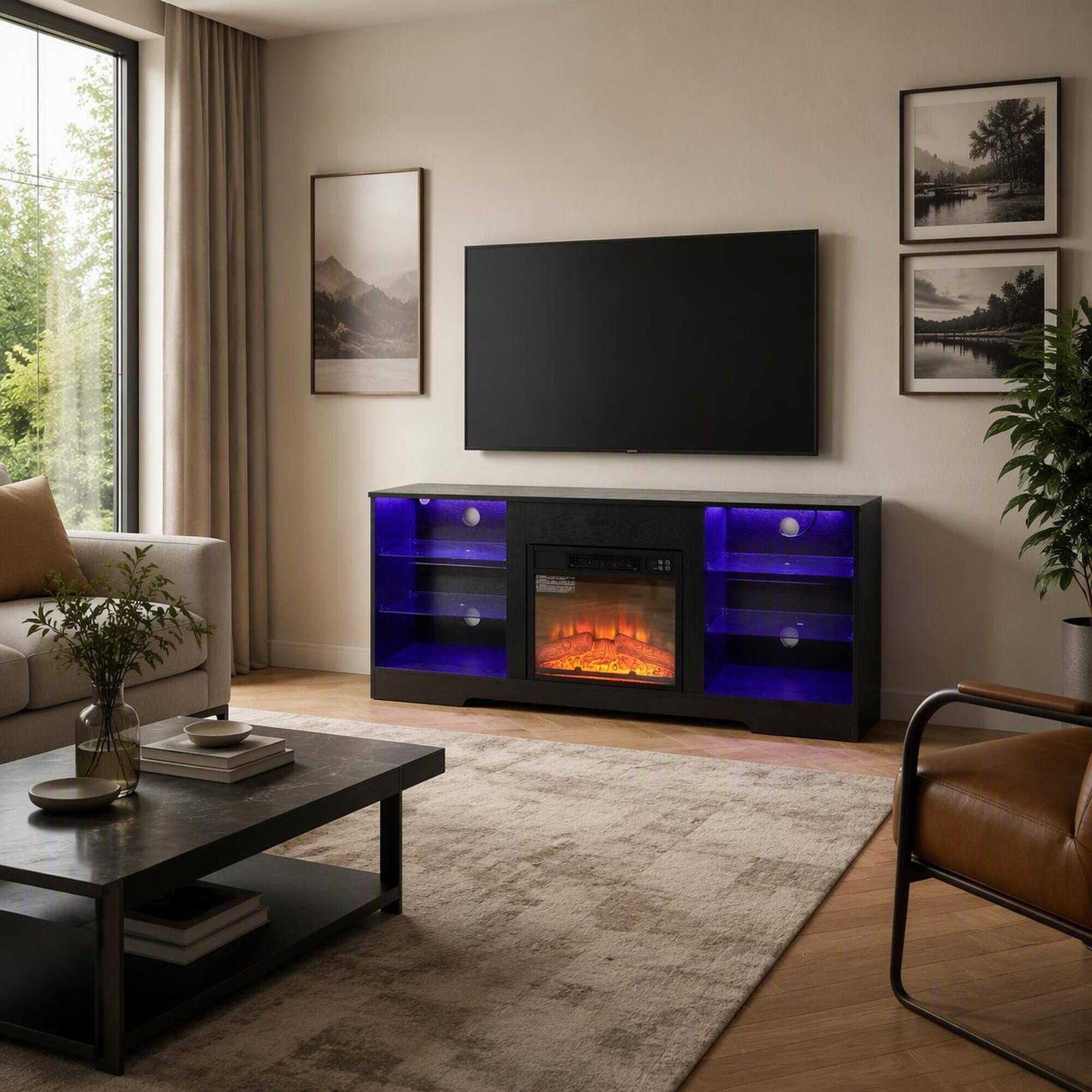 Angle. RYHNUYNE - Modern 58-Inch TV Stand with 18-Inch Electric Fireplace, 7-Color LED Ambience, Glass Shelves, USB & AC Outlets - Black.