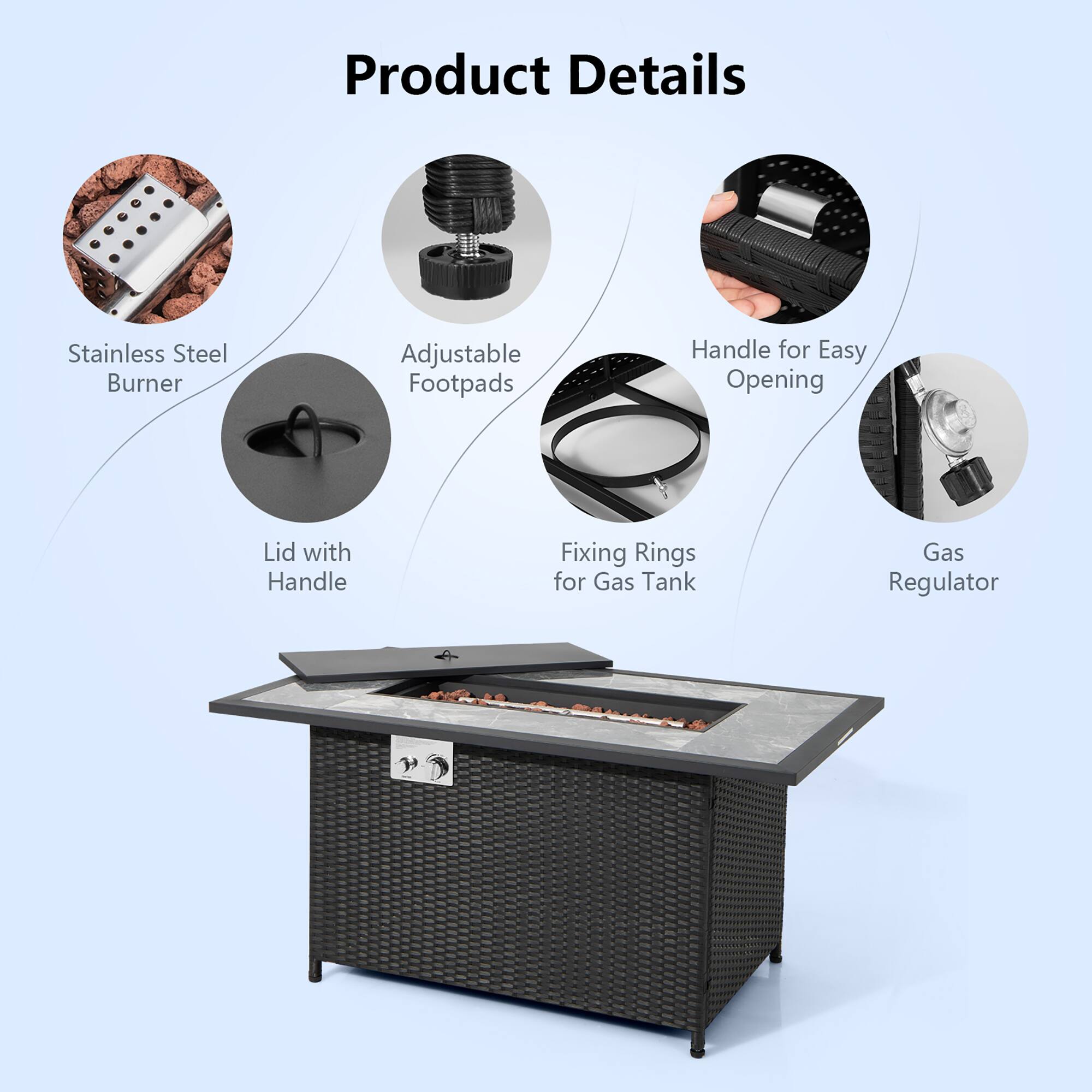 Product Details

- Stainless Steel Burner
- Adjustable Footpads
- Lid with Handle
- Fixing Rings for Gas Tank
- Handle for Easy Opening
- Gas Regulator