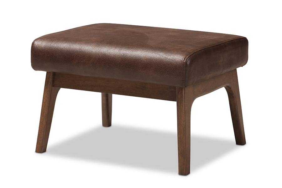 Baxton Studio - Bianca Mid-Century Modern Walnut Wood Distressed Faux Leather Effect Ottoman - Dark Brown/"Walnut" Brown